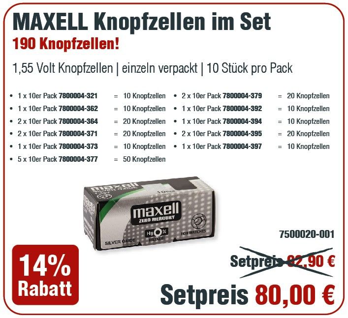 Maxell Aktionspaket mit Knopfzellen im Display, 321er - 397er