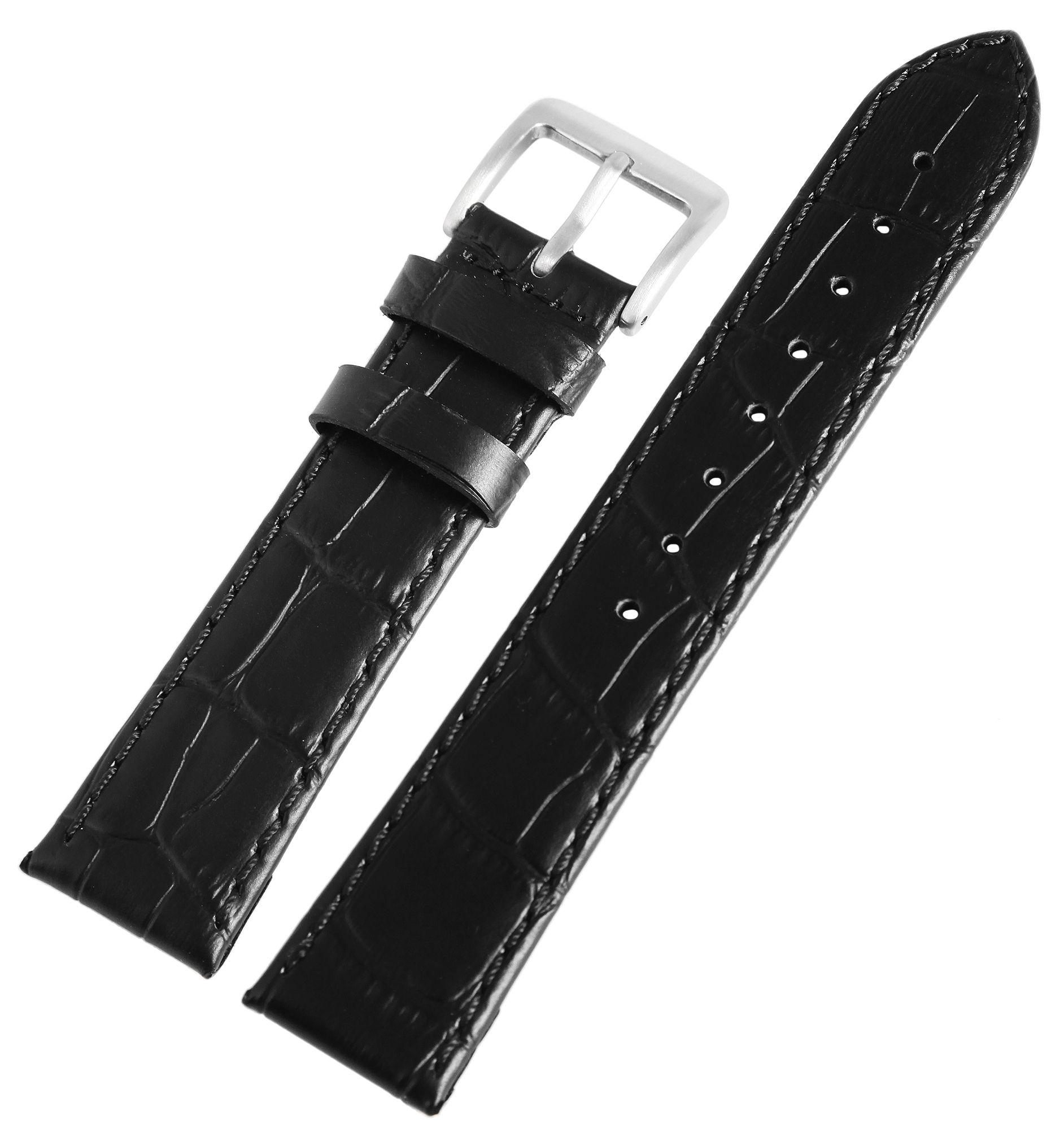 Echtleder Uhrenarmband mit Krokoprägung in schwarz, 20 mm