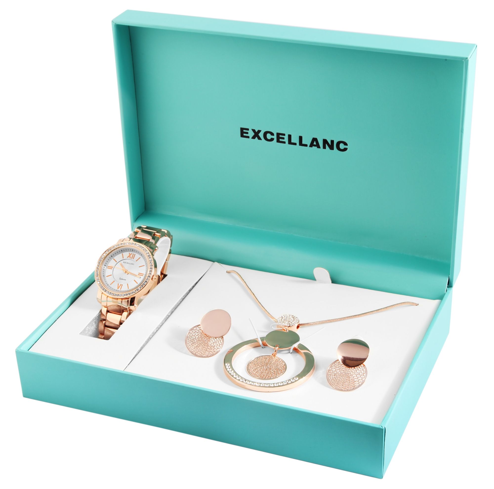 Excellanc Geschenkset Damen mit Uhr, Halskette und Ohrsteckern, roségoldfarben