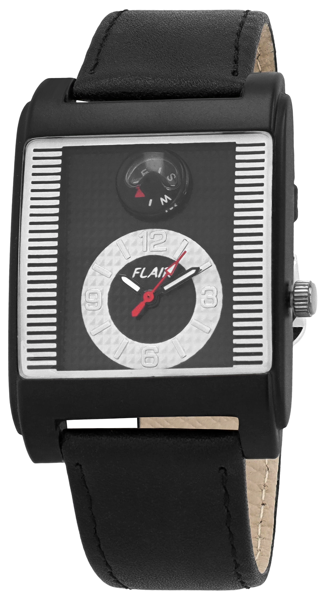 Flair Herrenuhr mit Echtlederband, Kompass, schwarz