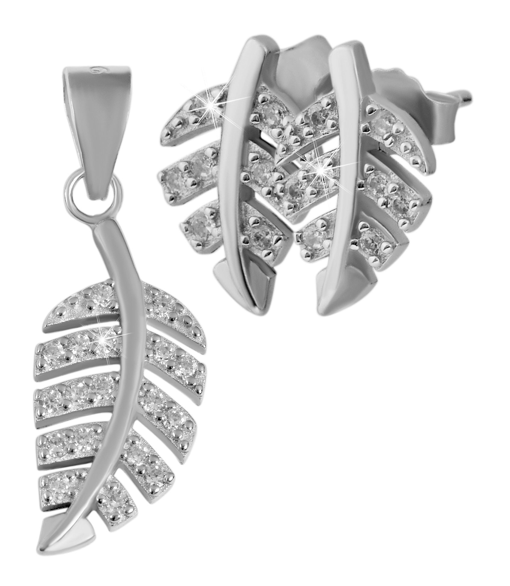 925/- Echt Silber Schmuck Set "Dobra" Anhänger & Ohrstecker im Blatt Desgin weiße Zirkonia