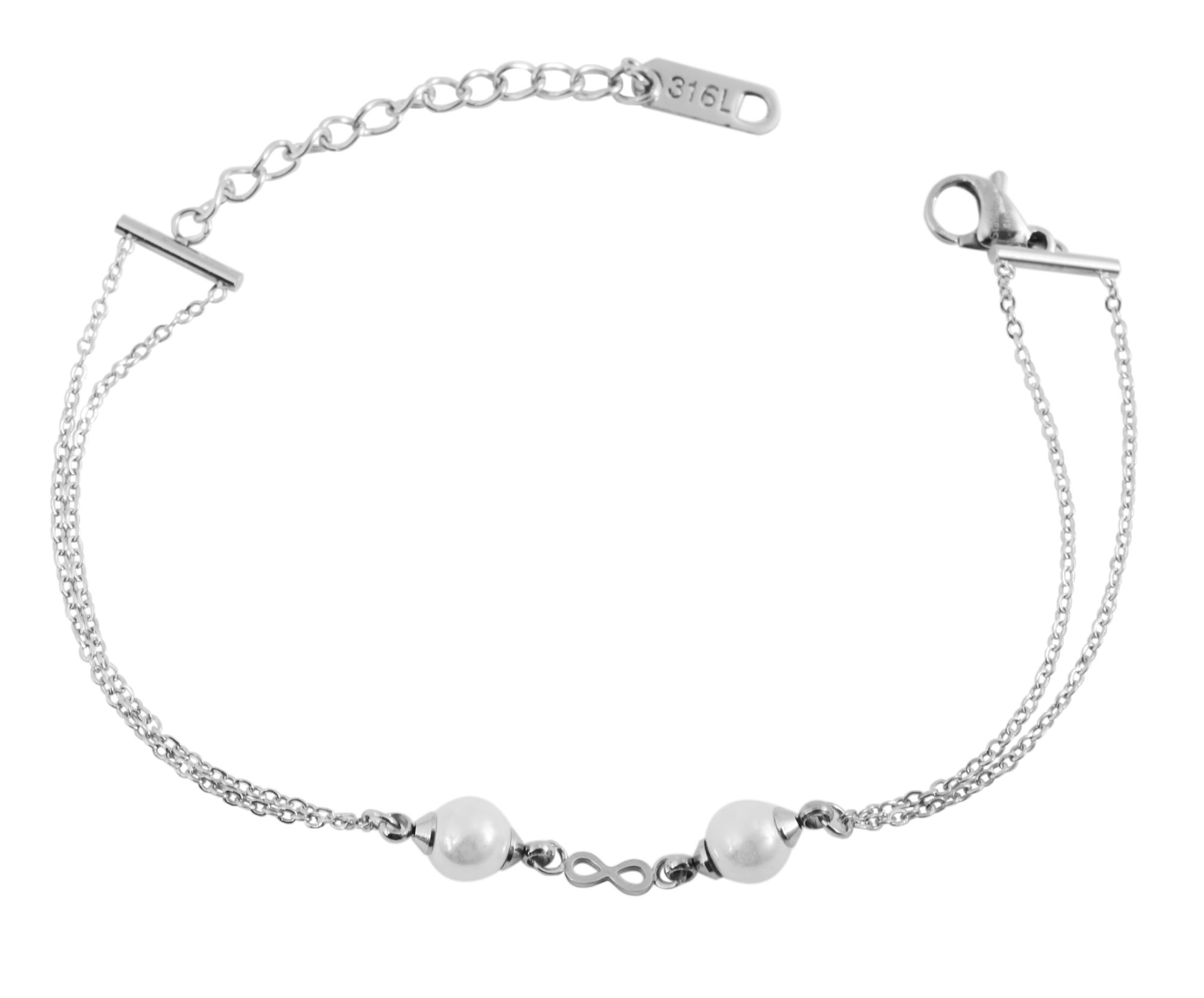 Akzent Armband aus Edelstahl, Infinity Symbol & Perlen, silberfarben
