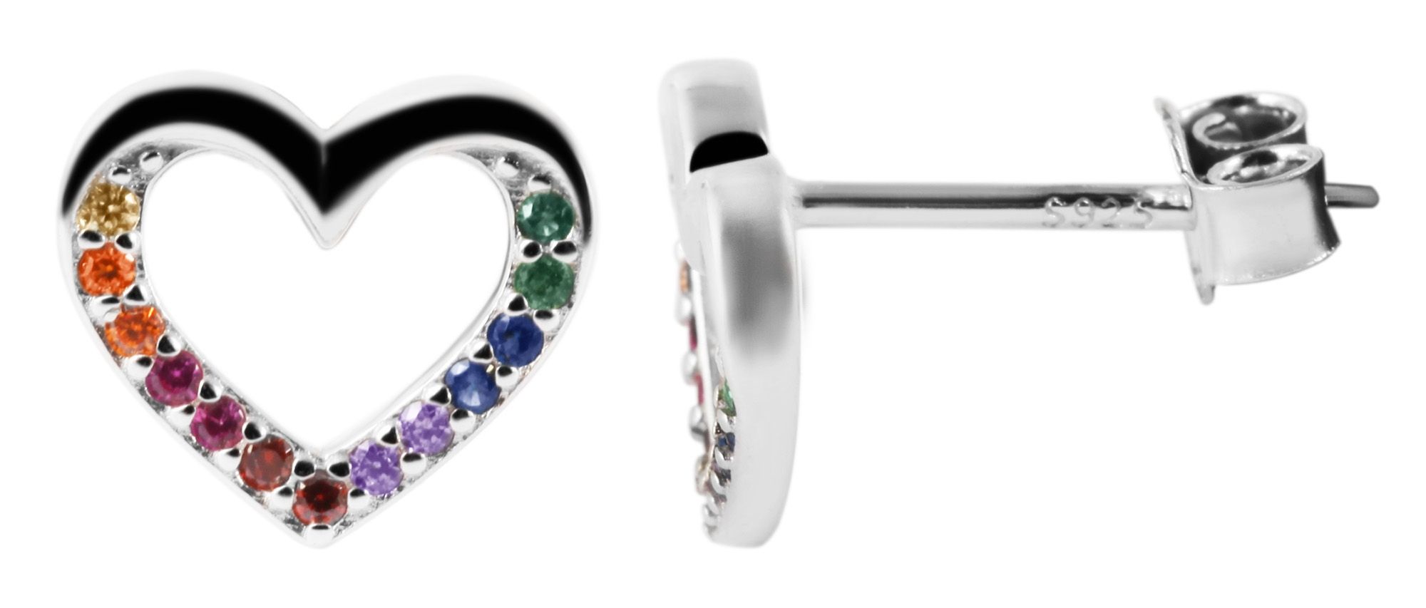 "Heather" 925/- Echt Silber Ohrstecker - offenes Herz, bunte Zirkoniasteine, silberfarben rhodiniert