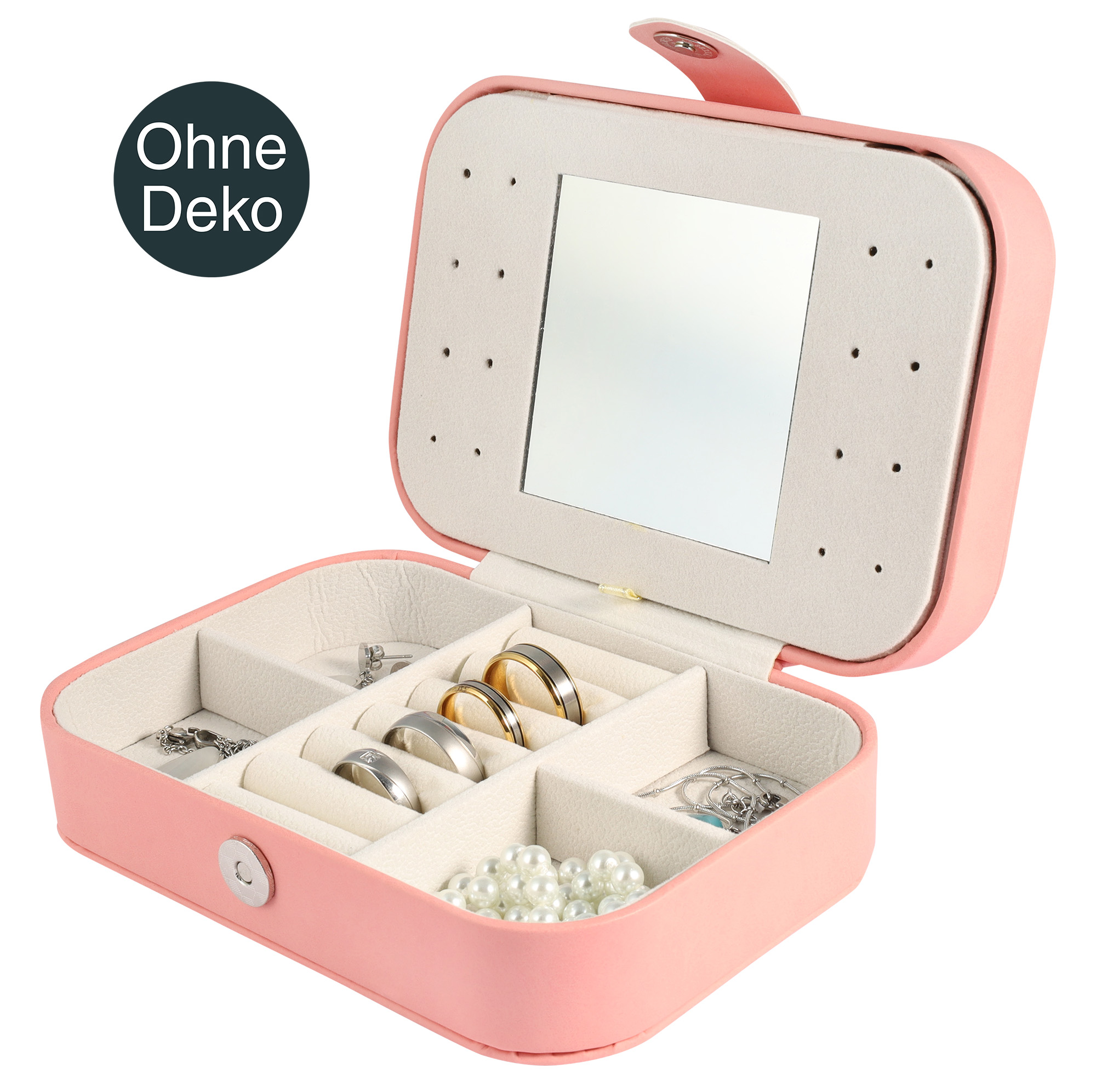Aufbewahrungsbox für Schmuck, Lederimitat, mit Spiegel, pink