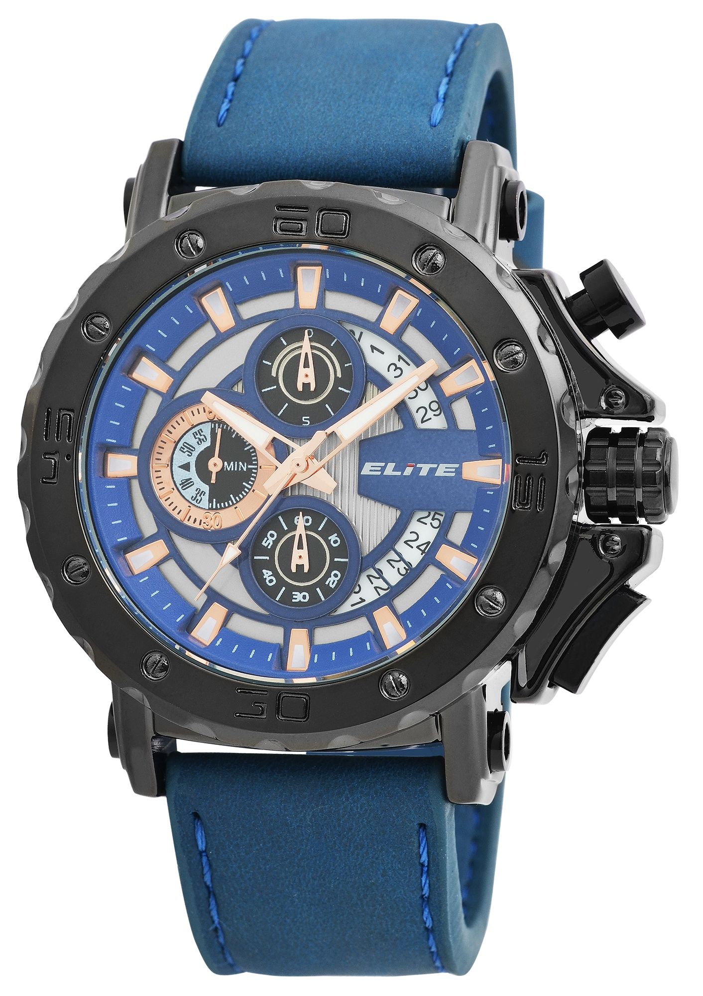 ELITE Herrenchronograph mit Lederimitationsarmband in blau/schwarz