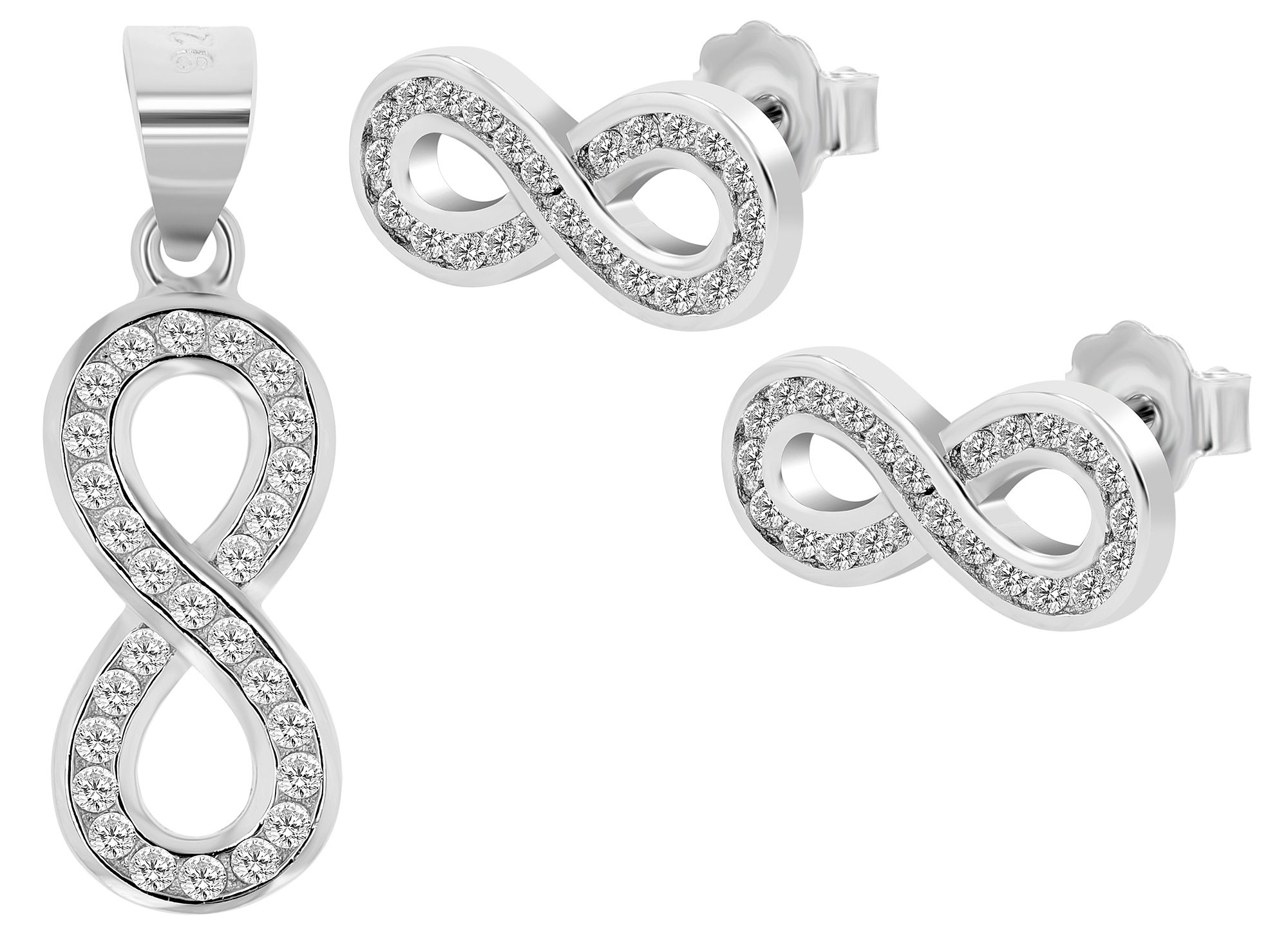925/- Echt Silber Infinity-Schmuckset "Aysel", Ohrstecker & Anhänger, rhodiniert