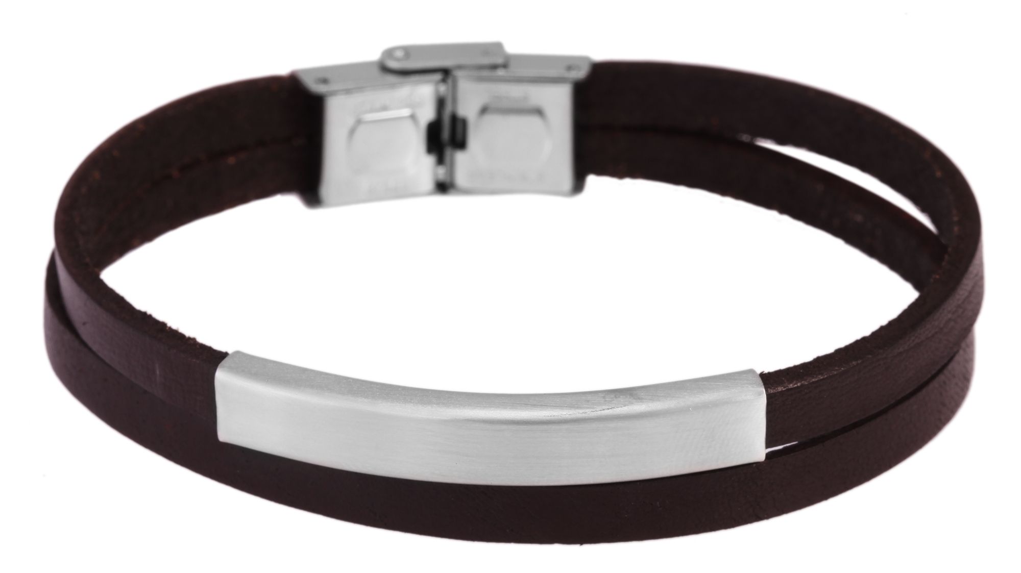 "Aron", Akzent Echtlederarmband mit Edelstahlgravurplatte, dunkelbraun/silberfarben