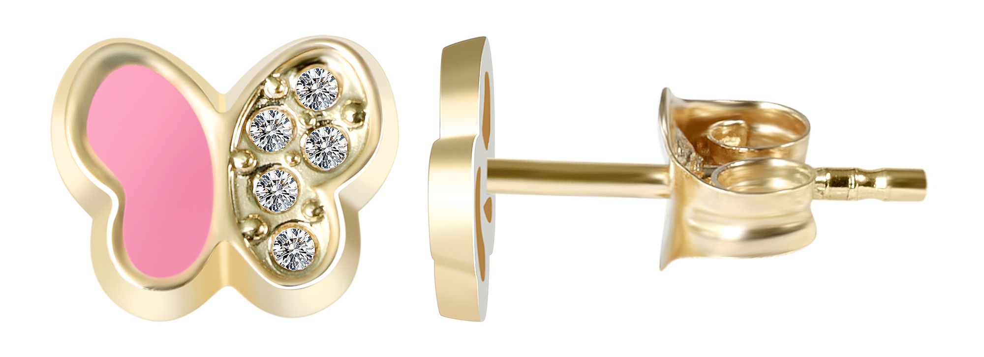 333/- Gold "Mahila" Ohrstecker, Schmetterling mit Zirkonia & Emaille, Gelbgold, 8 Karat, Kinder