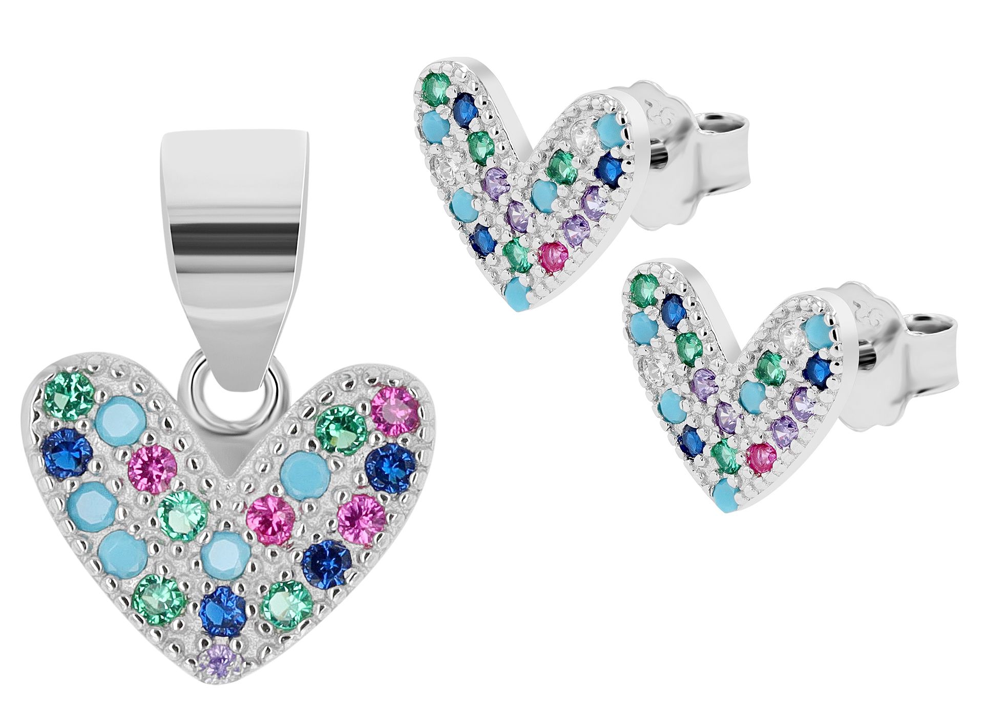 925/- Echt Silber Schmuckset "Sanya", Herz Ohrstecker & Anhänger, bunter Besatz