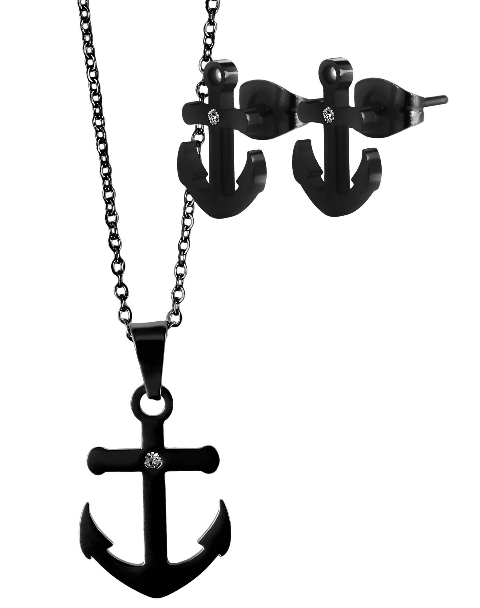 "Miera", Akzent Edelstahlschmuckset mit Ohrsteckern und Anhänger im Ankerdesign, schwarz