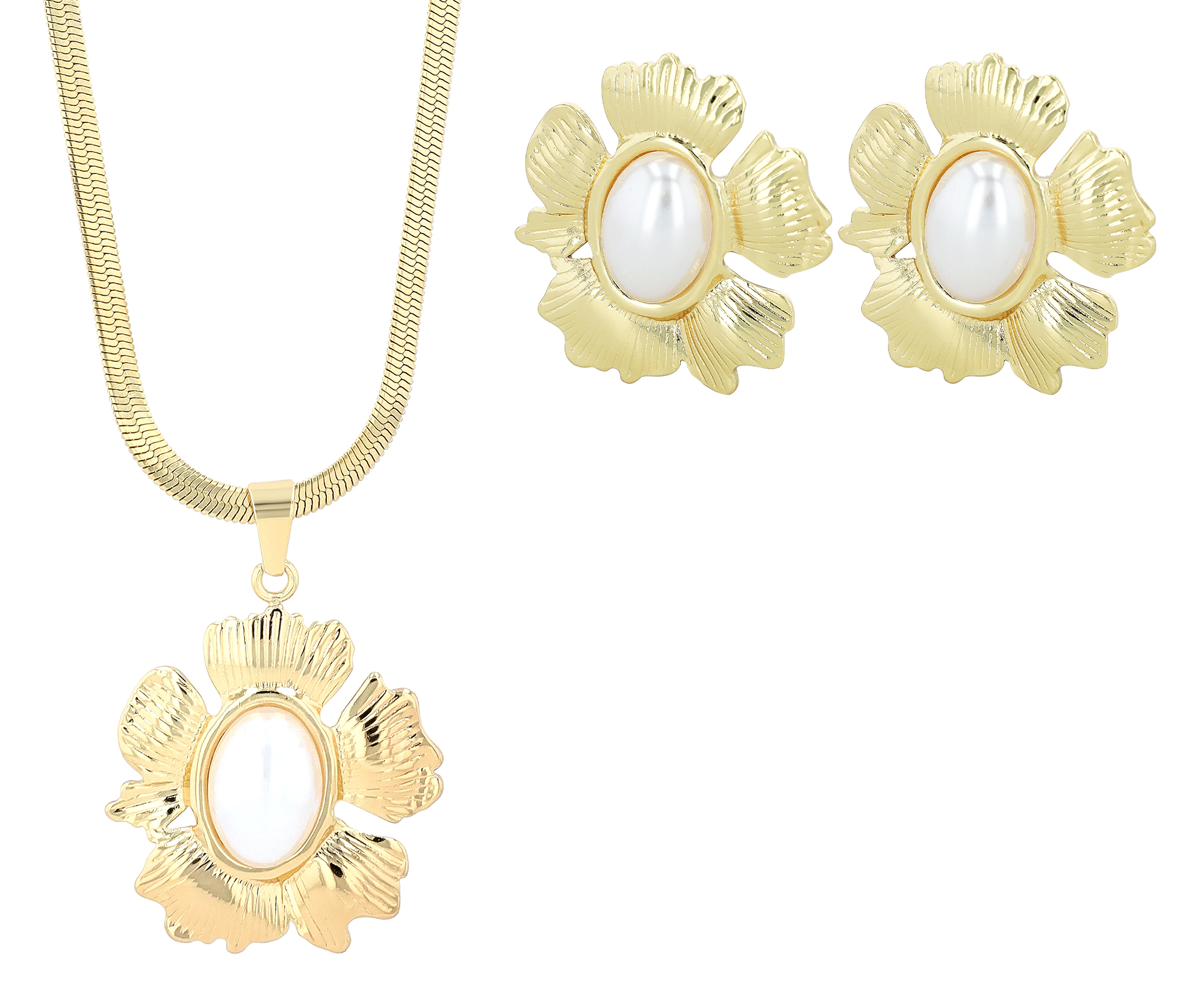 "Filipa" Statement Schmuckset - Kette/ Anhänger/ Ohrstecker - Blüte Edelstahl, goldfarben