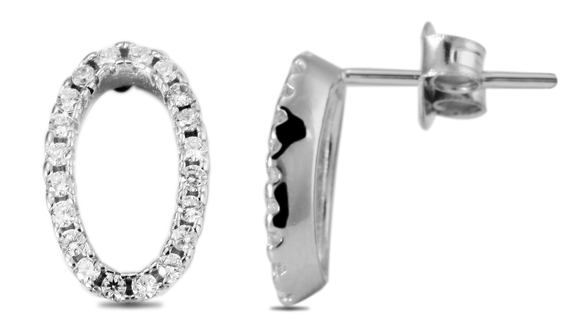 925/- Echt Silber Ohrstecker, Oval mit Zirkoniabesatz, rhodiniert