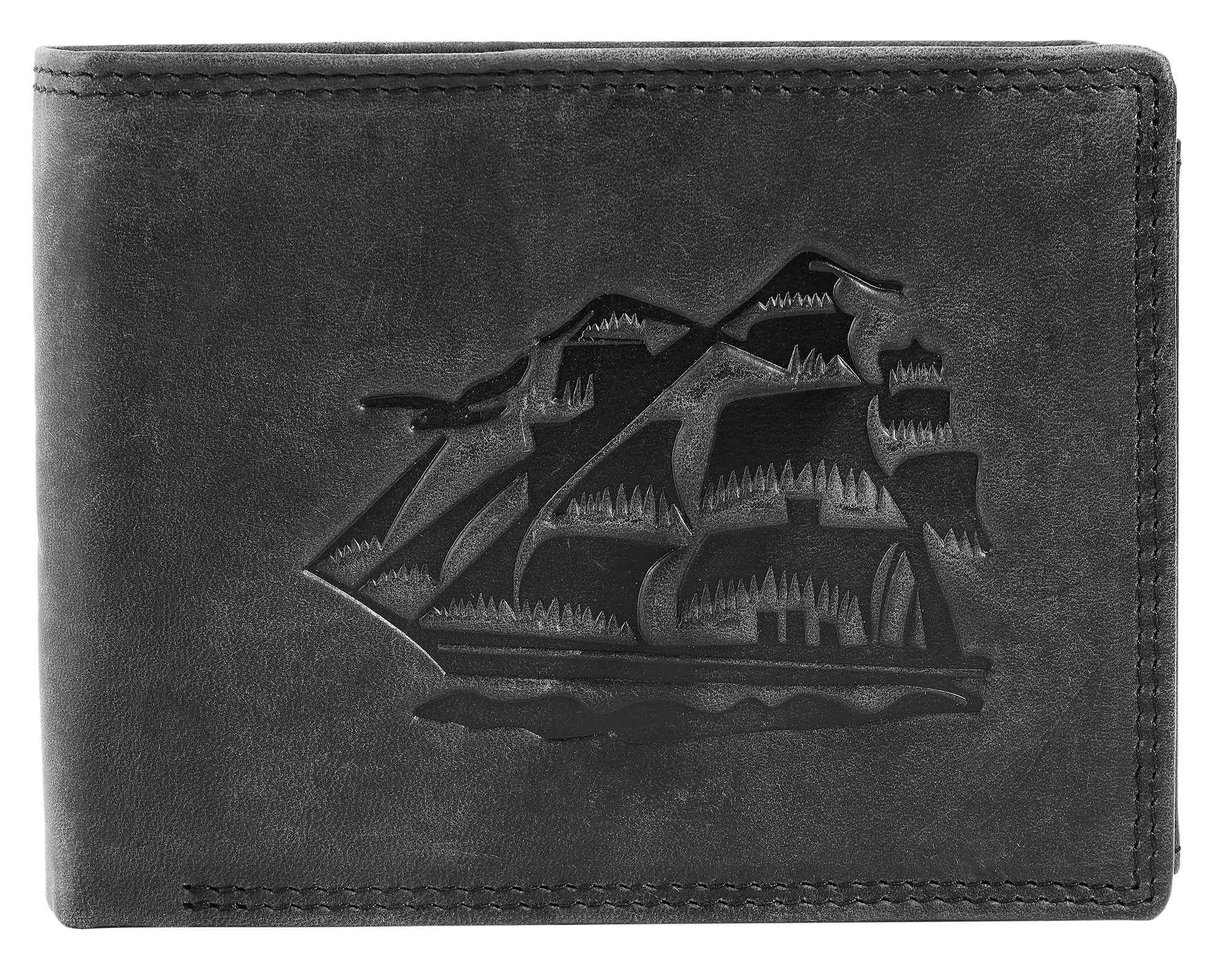 Akzent Echt Leder (Hunter-Leder) Geldbörse, RFID, Querformat, Segelschiff, schwarz