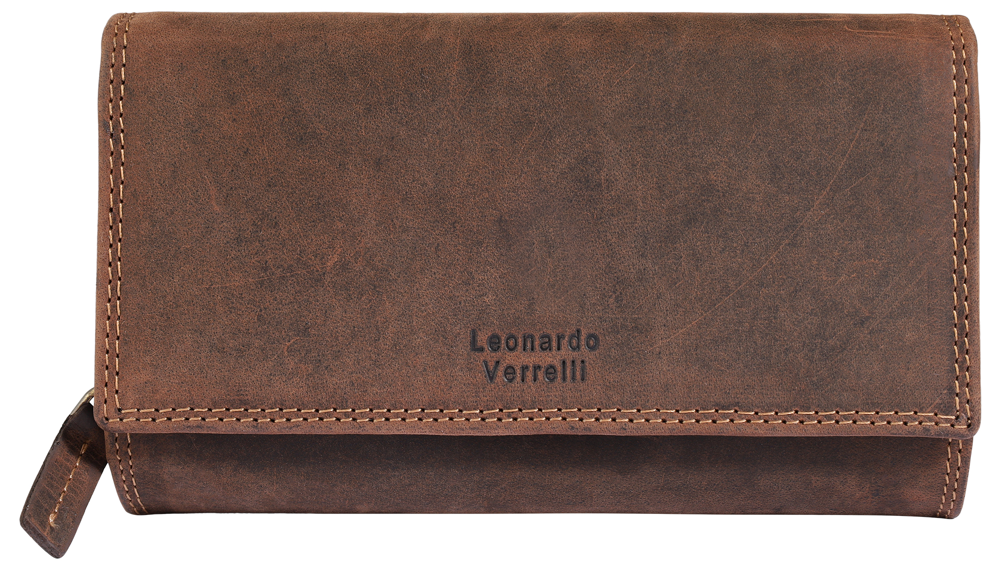 Leonardo Verrelli, Echtleder (Vintage) Damen Geldbörse, länglich & RFID, dunkelbraun