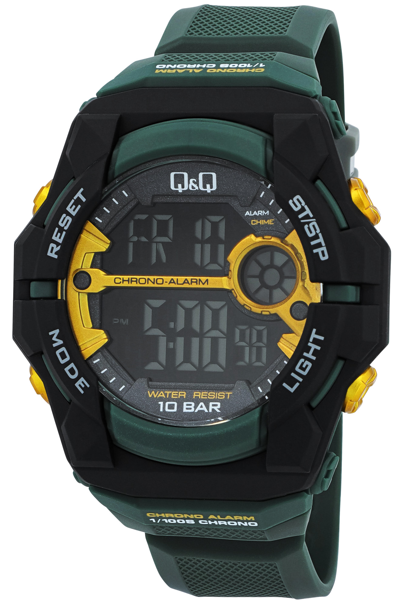 Q&Q Digitaluhr für Herren Ø 50 mm, Resinband, dunkelgrün (gelbe Details)
