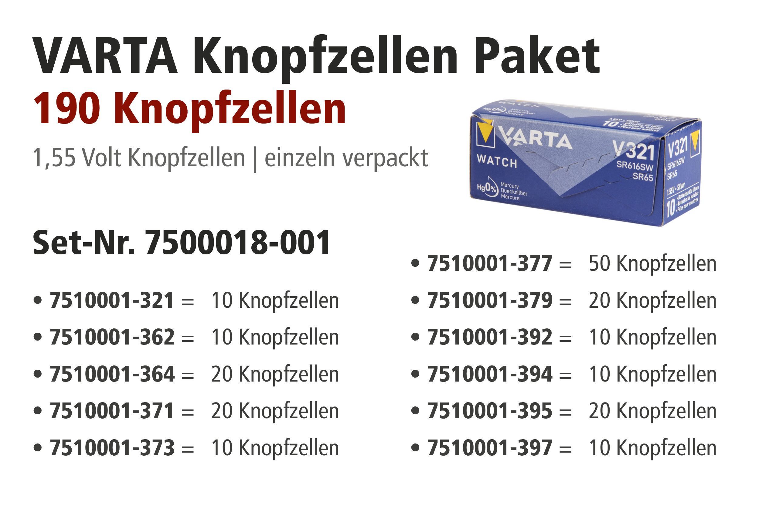 Varta Aktionspaket mit Knopfzellen im Display, 321er - 397er