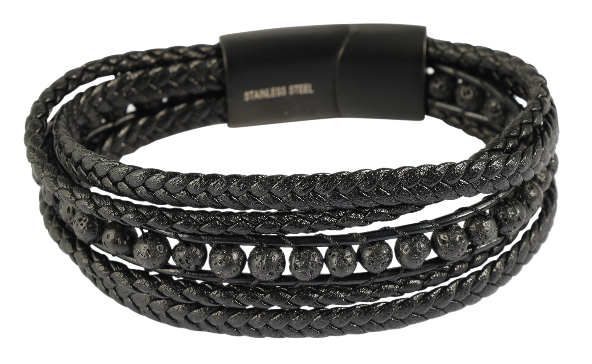 "Neal" 17 cm, Armband aus Lederimitat mit schwarze Lavaperlen, VE-4