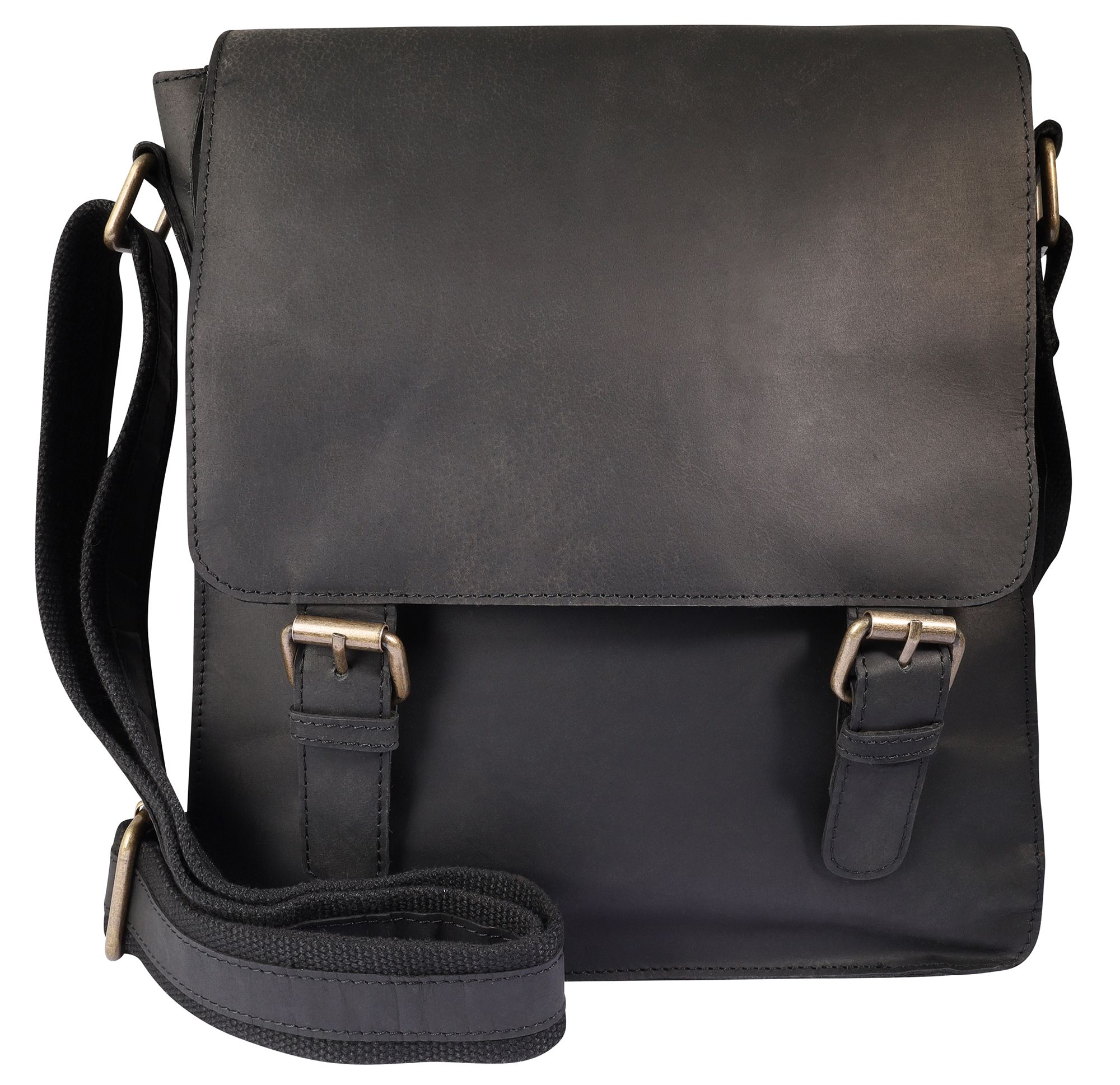 Leonardo Verrelli, Echtleder Umhängetasche, verstellbarer Riemen, Überschlag mit Magnetverschluss, schwarz