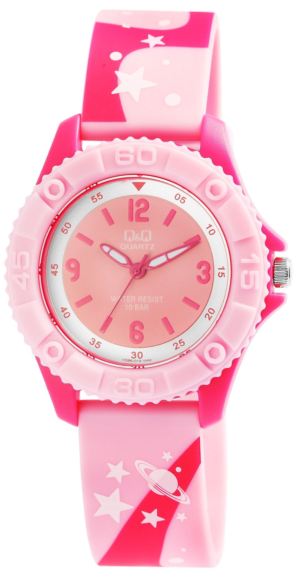 Q&Q Kinderuhr, Silikonarmband, "Weltall", rosa, 10 Bar, Ø 35 mm