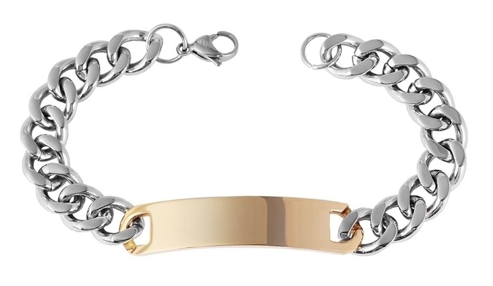 Akzent Panzerketten-Armband aus Edelstahl in Bicolor, Gravurplatte mit IP Gold-Beschichtung
