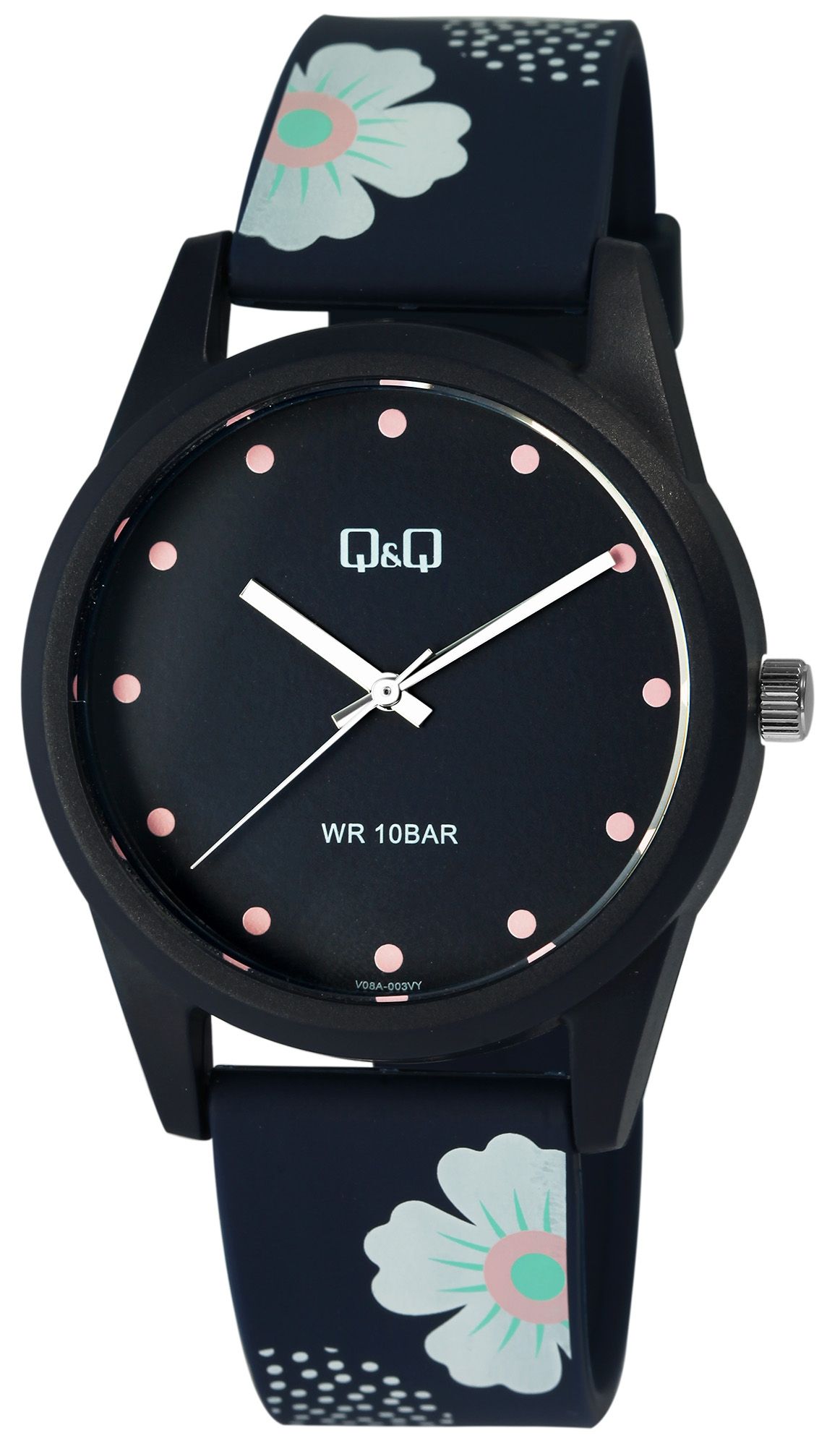 Q&Q Damenuhr mit Silikonarmband, Ø 39 mm, dunkelblau/ Blumendesign