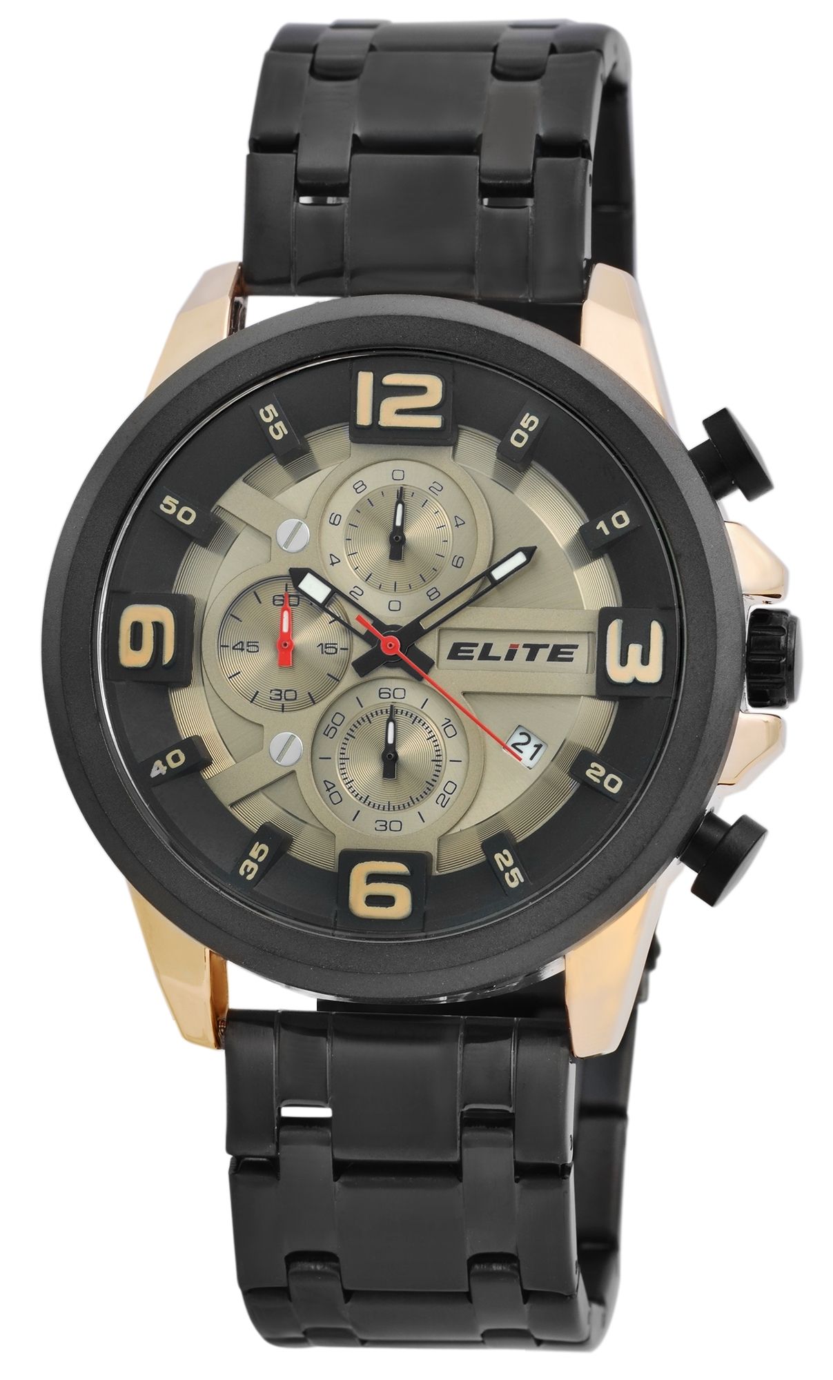Elite Herren Chronograph mit Metallband, 3ATM, Schwarz/ goldfarbig