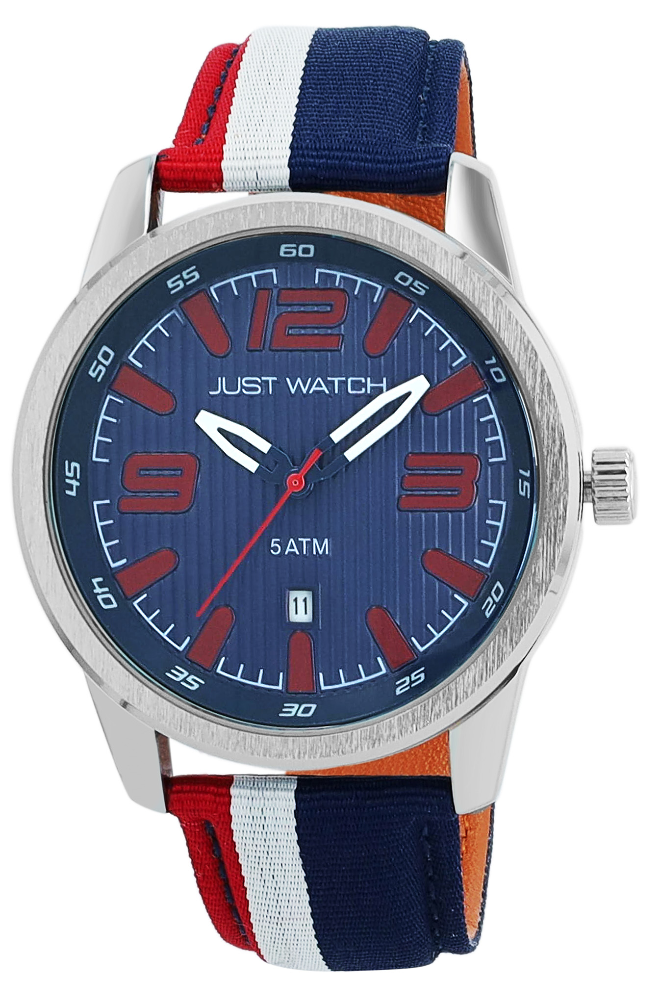 JUST WATCH "Joel"  Herrenuhr mit Nylon- und Echt Lederband, 5ATM, Rot-Blau-Weiß + Blau-Rot