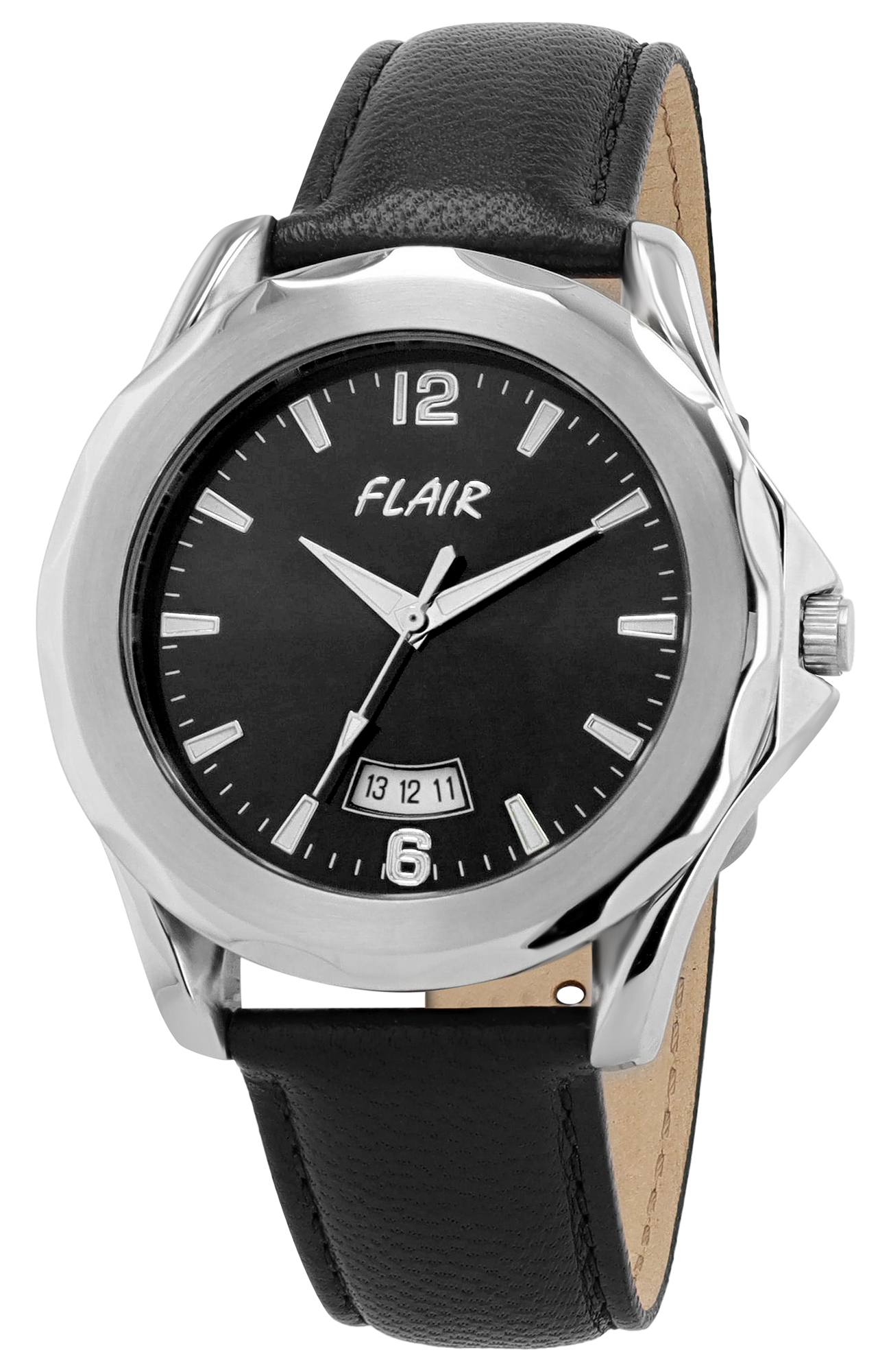 Flair Herrenuhr mit Echtlederband, schwarz/ silberfarben/ schwarz