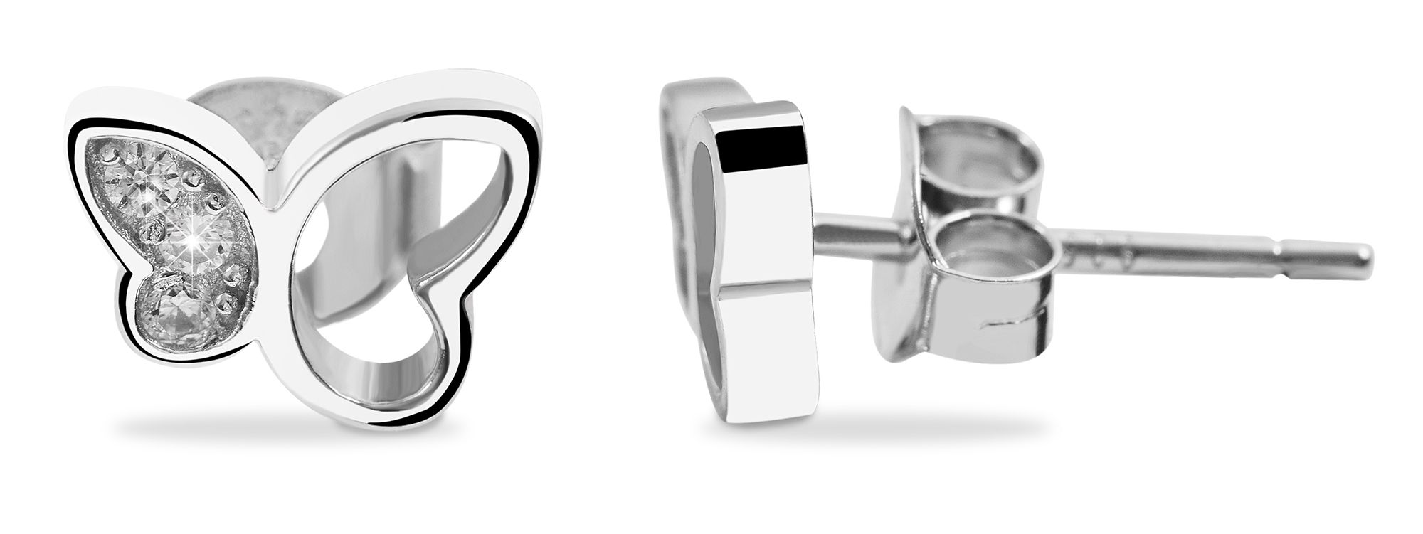 "Senja" 925/- Echt Silber Ohrstecker, Schmetterling, weißer Zirkoniabesatz, silberfarben rhodiniert