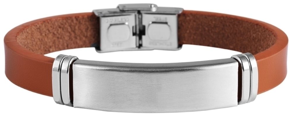 "Lino", Akzent Armband, Echtleder, Edelstahlgravurplatte, braun/silberfarben, 21 cm