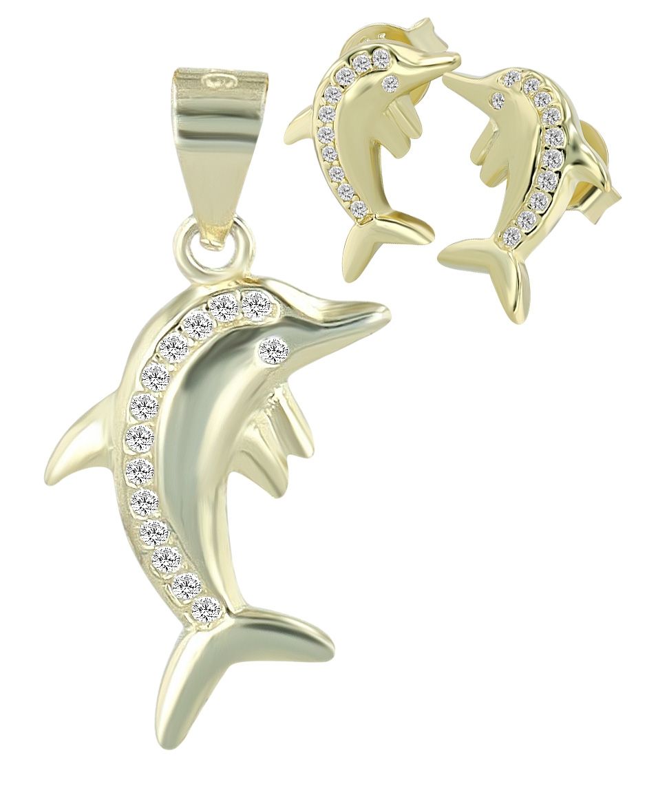 Silber Schmuck-Set, Anhänger, Ohrstecker Delphin mit weisen Zirkonia, 925/rhodiniert