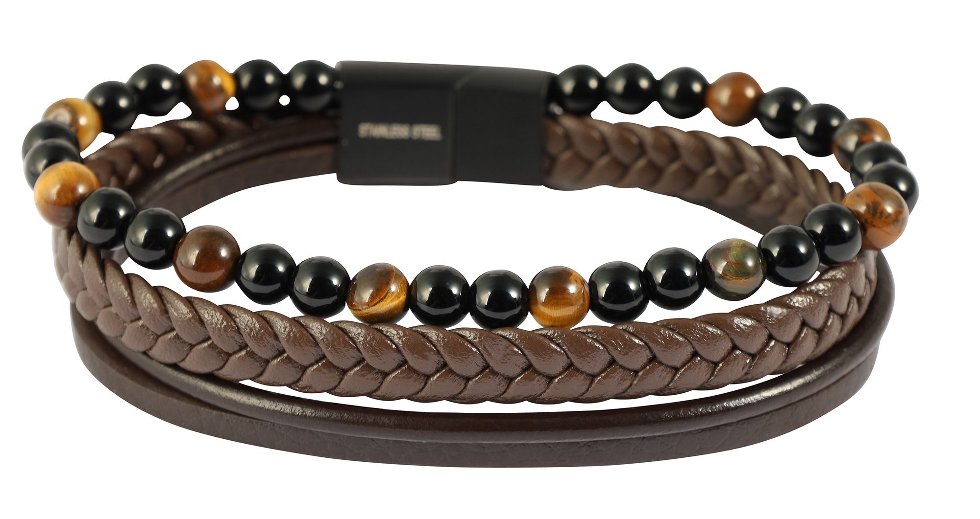 "Nando" - 17 cm, Armband aus Lederimitat, brauner Tigerauge und Onyx, 4-VE