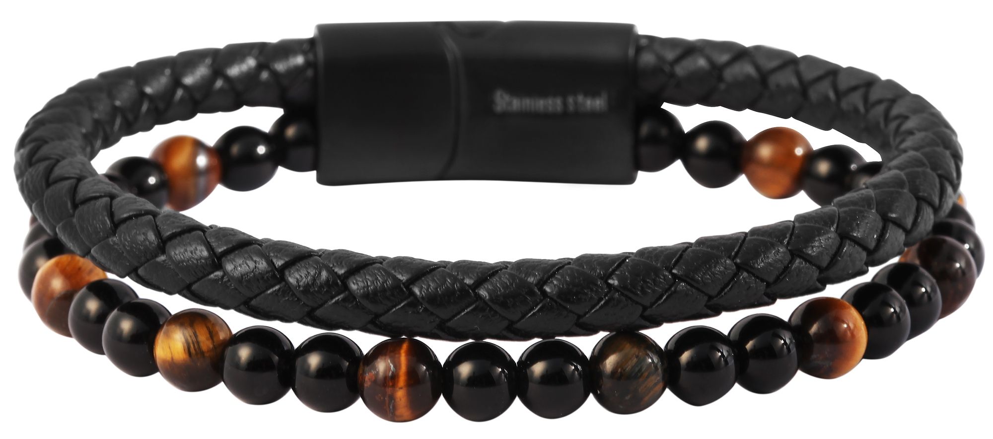 "Arnt" Armband aus Echtleder und Naturstein, schwarz, 21 cm