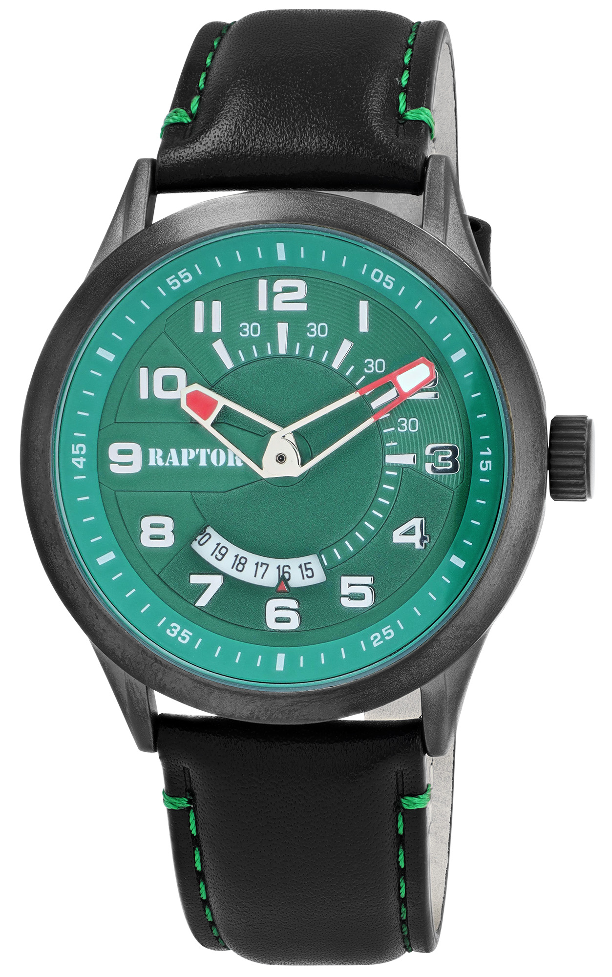 Raptor Herrenuhr "Yava" mit Lederarmband, Datumsanzeige, 5 ATM, schwarz/grün