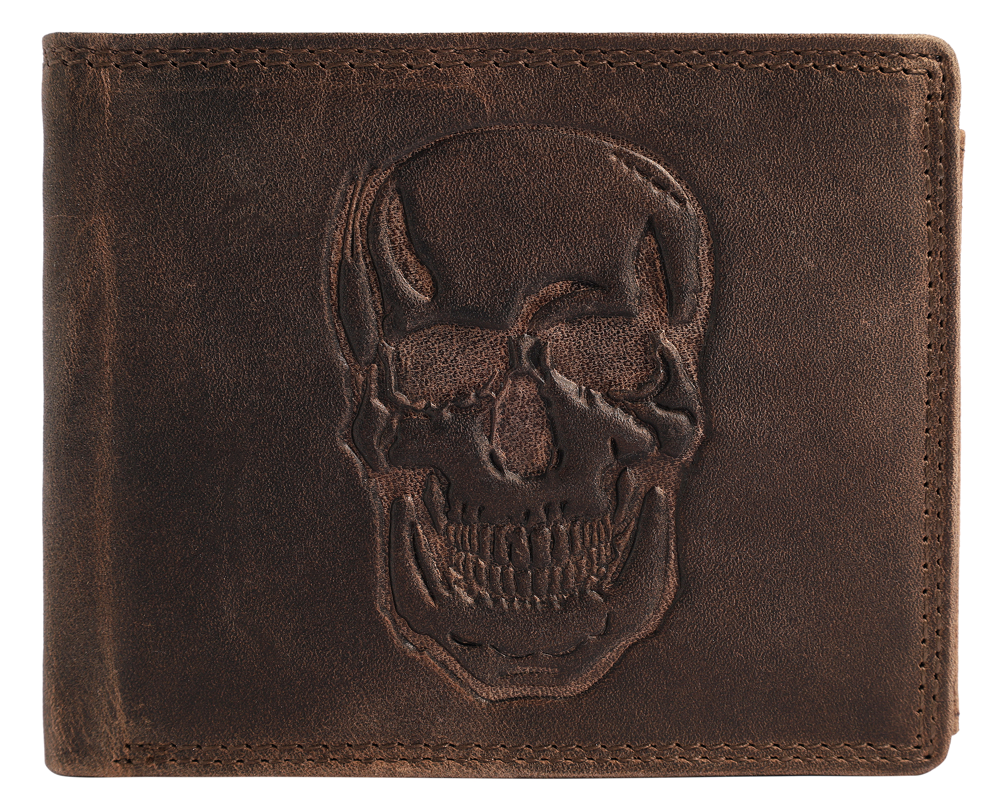 Akzent Echt Leder (Hunter-Leder) Geldbörse, RFID, Querformat, Totenkopf, braun
