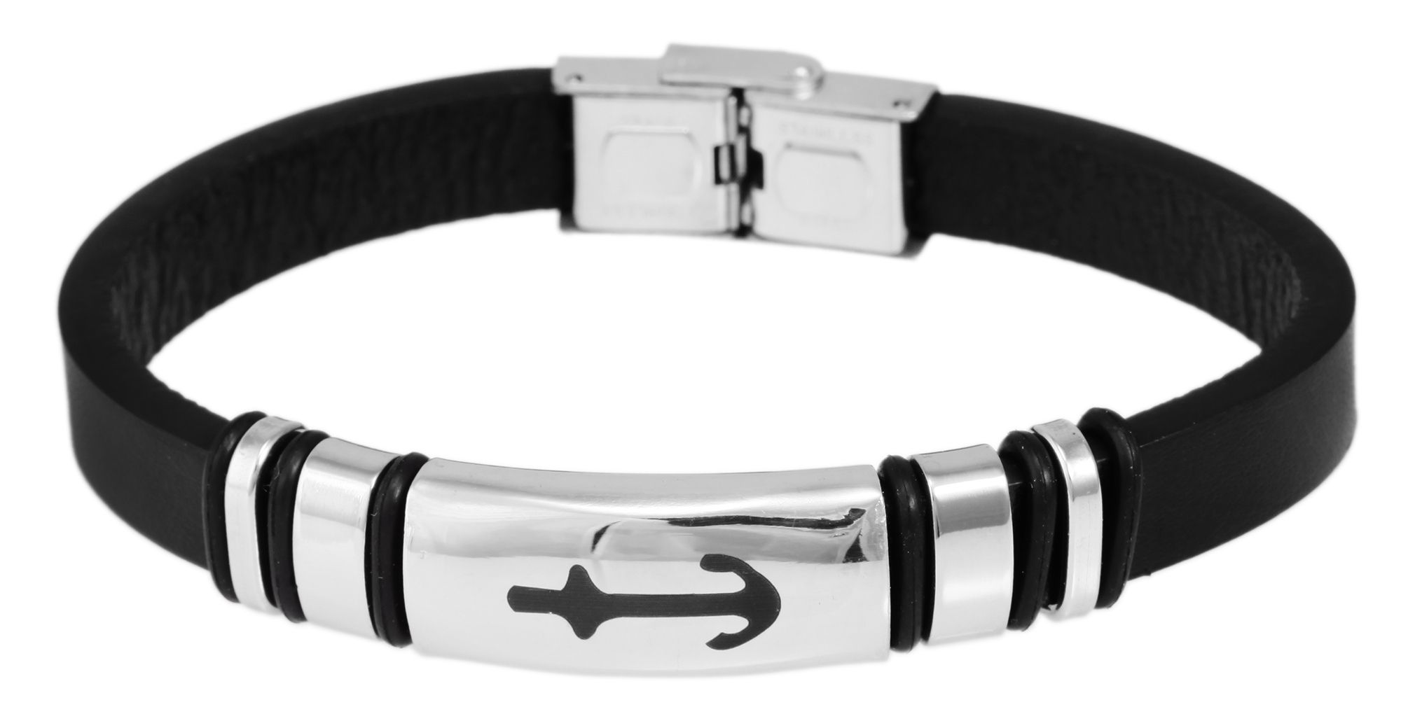 Akzent Echtlederarmband mit Edelstahlelement, Ankermotiv, schwarz/silberfarben