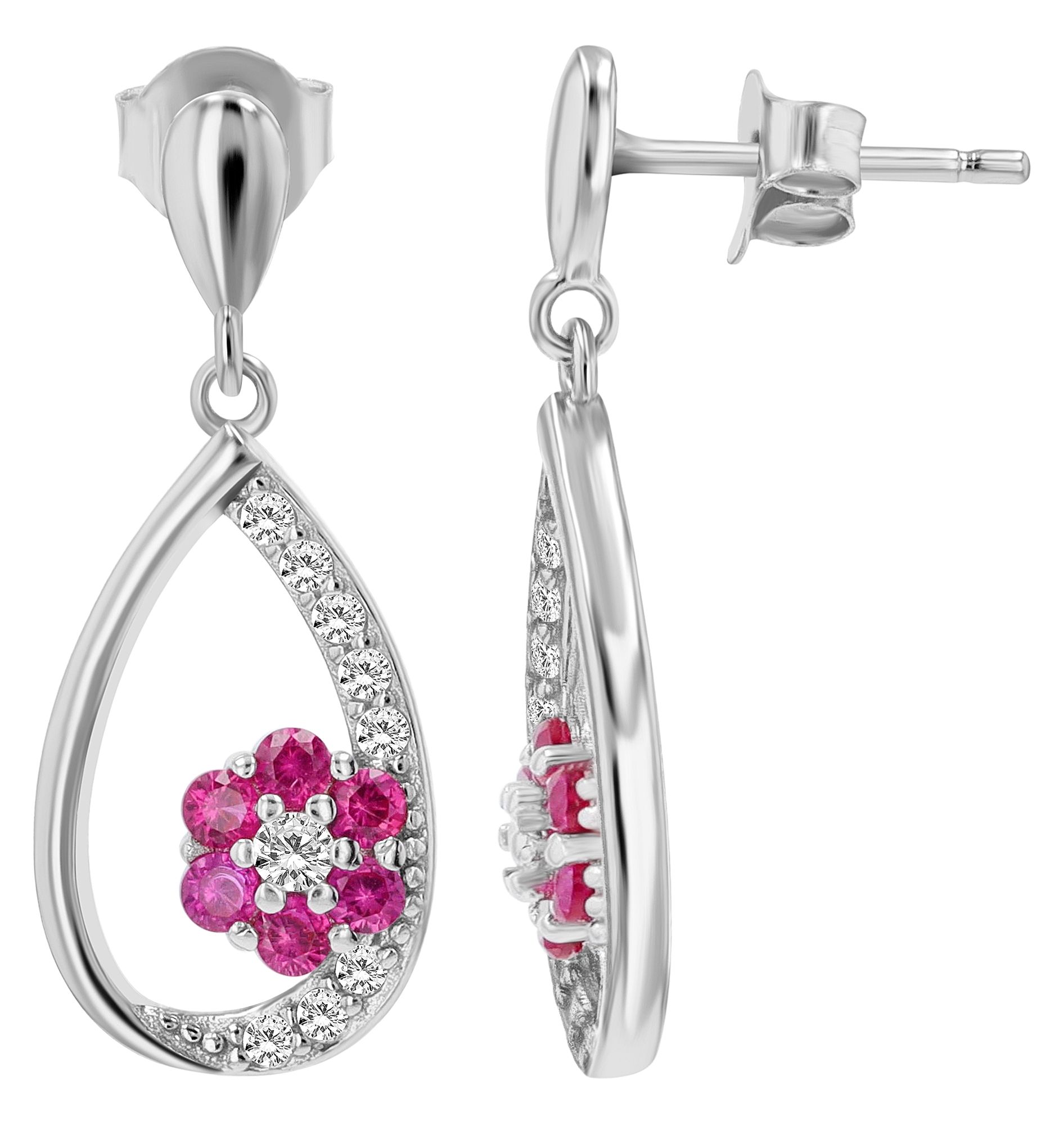 "Eira" 925/- Echt Silber Ohrhänger, Zirkonia - weiß/ pink, rhodiniert