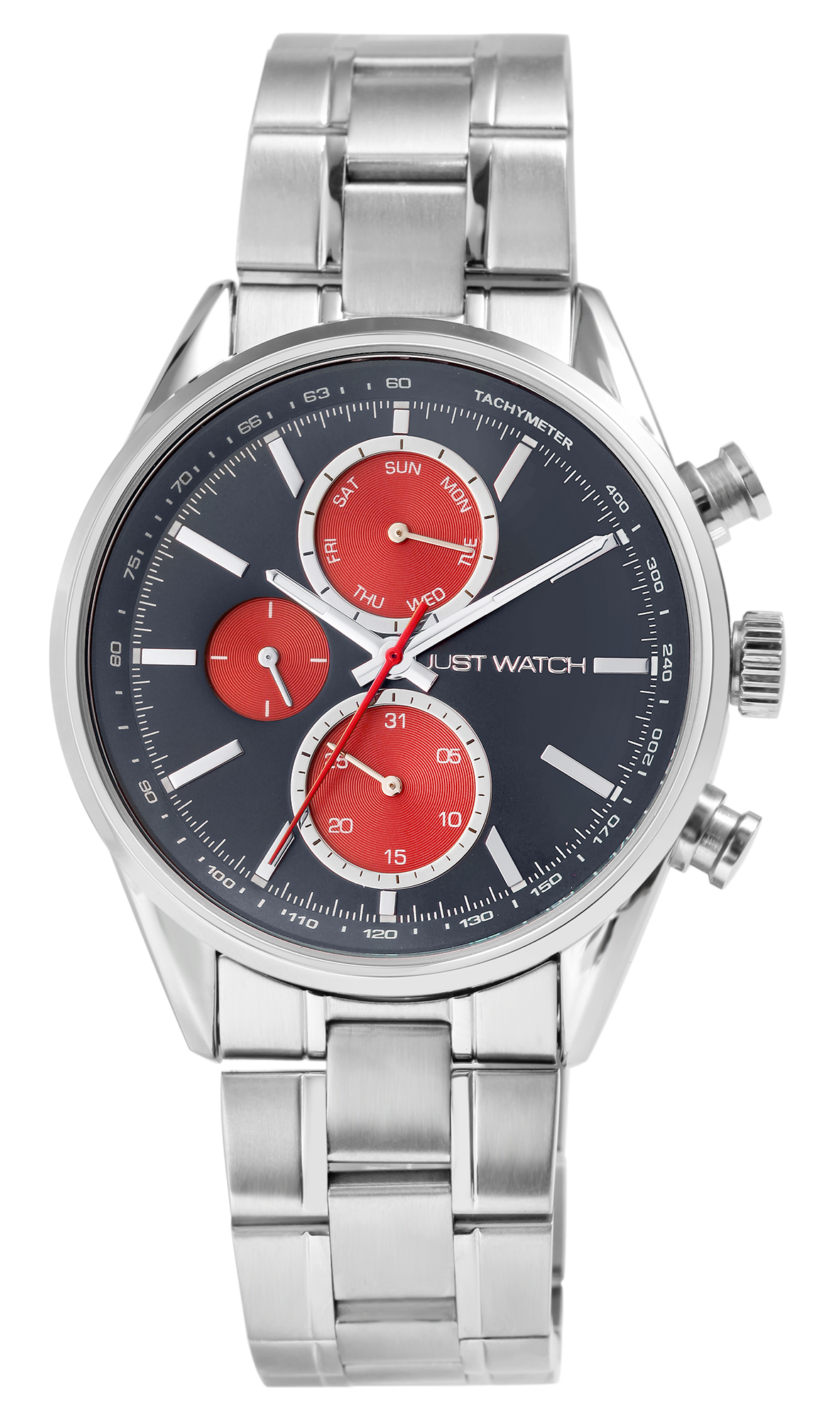 Just Watch Herrenuhr "Valcone" Edelstahlarmband, Datum- und Wochentagsanzeige, silberfarben/blau