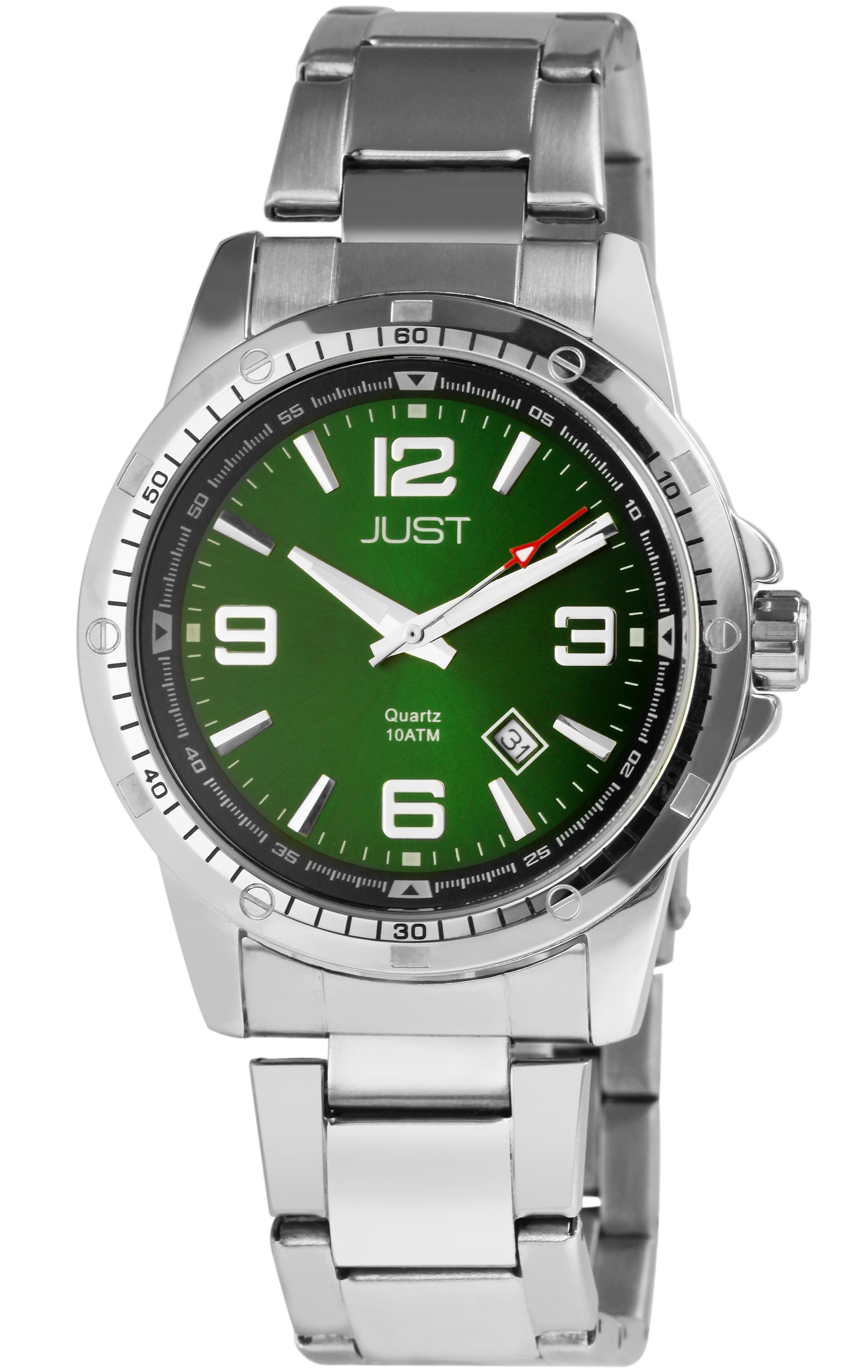 Just Herrenuhr mit Edelstahlarmband, Datumsanzeige, 10 bar, silberfarben/grünes ZB