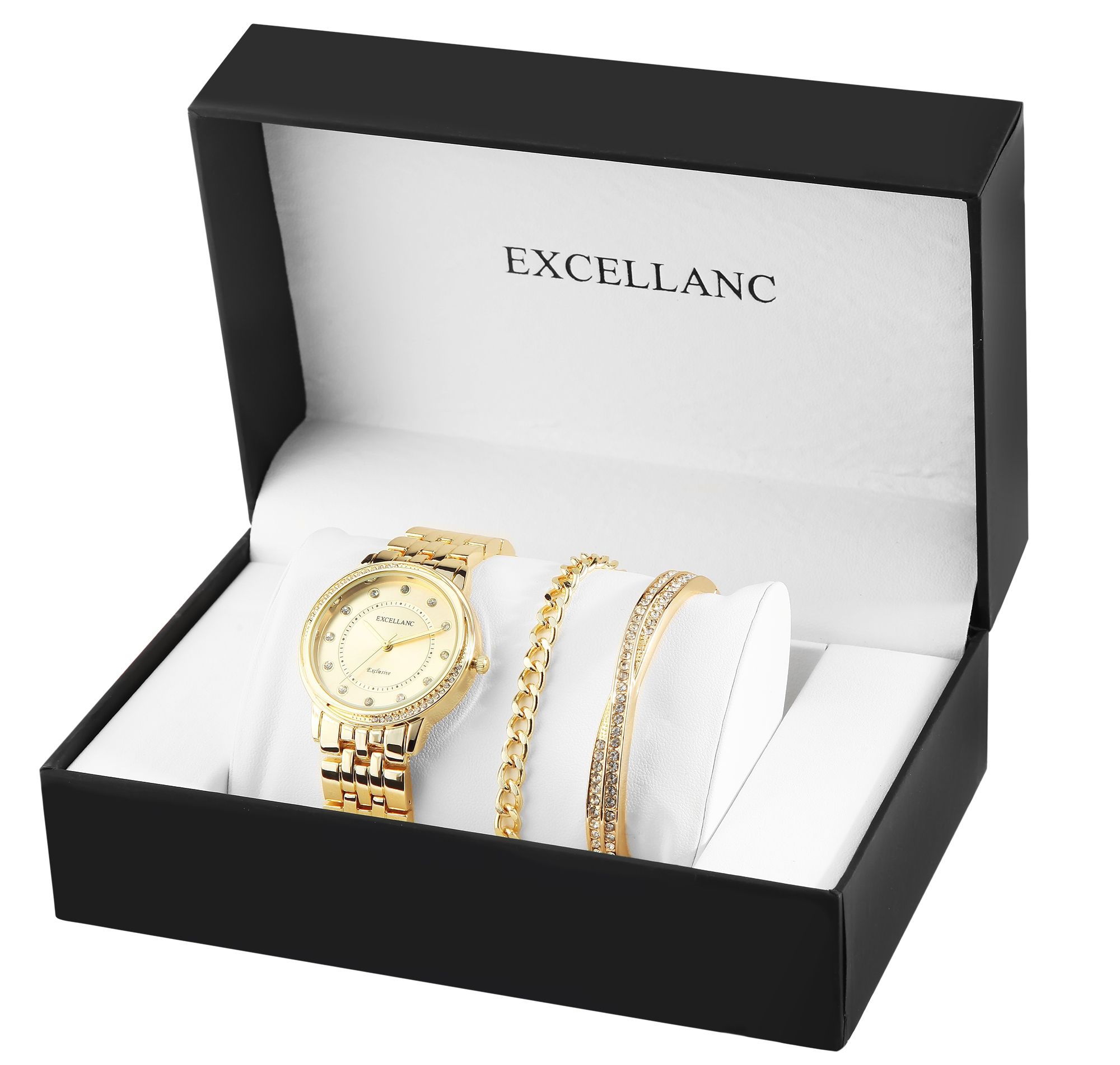 Excellanc Damen-Geschenkset mit Armbanduhr, Armband und Armreif, goldfarben