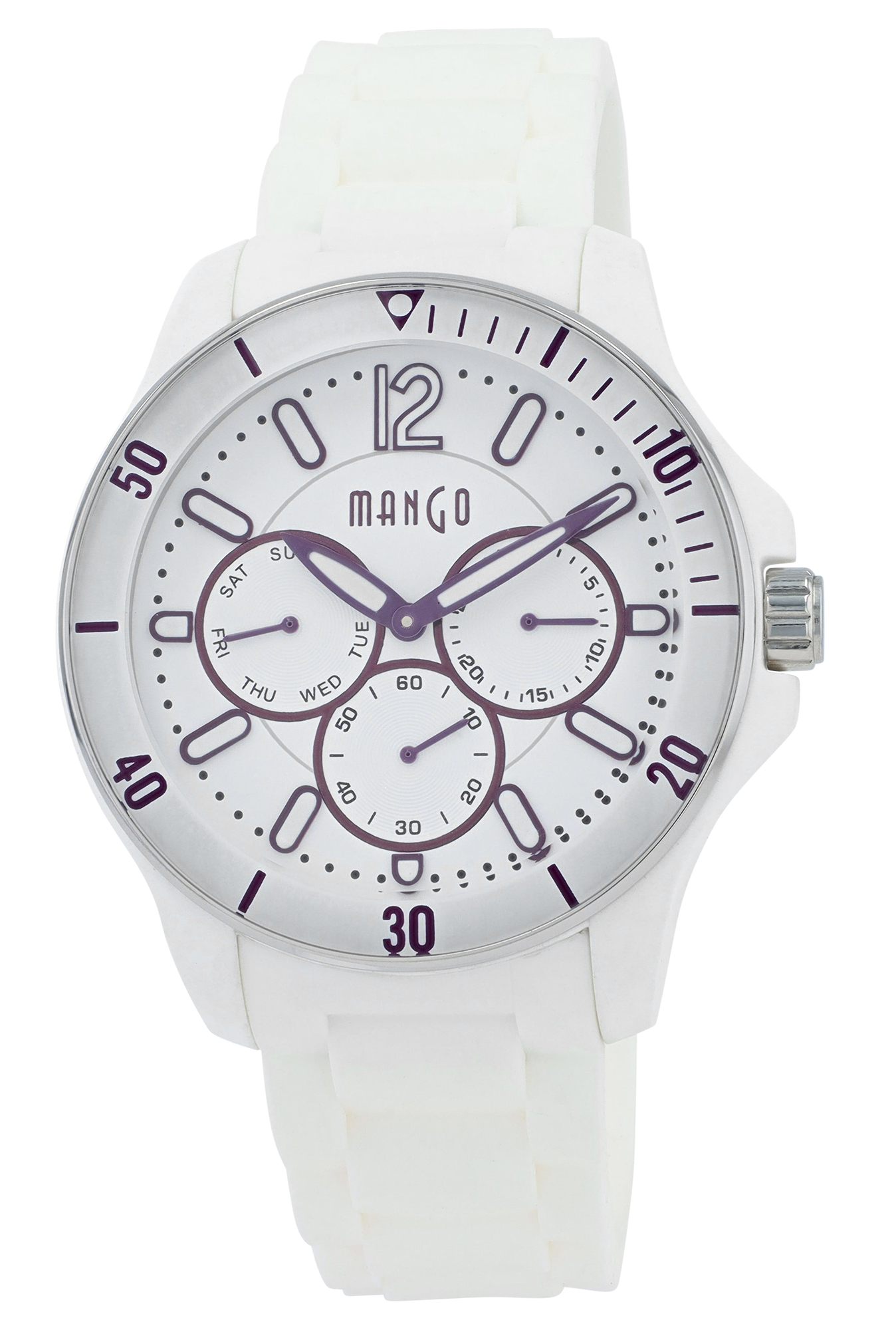 Mango Damenuhr Ø 41 mm, Silikonband, weiß/ ilberfarben (lila Deatils)