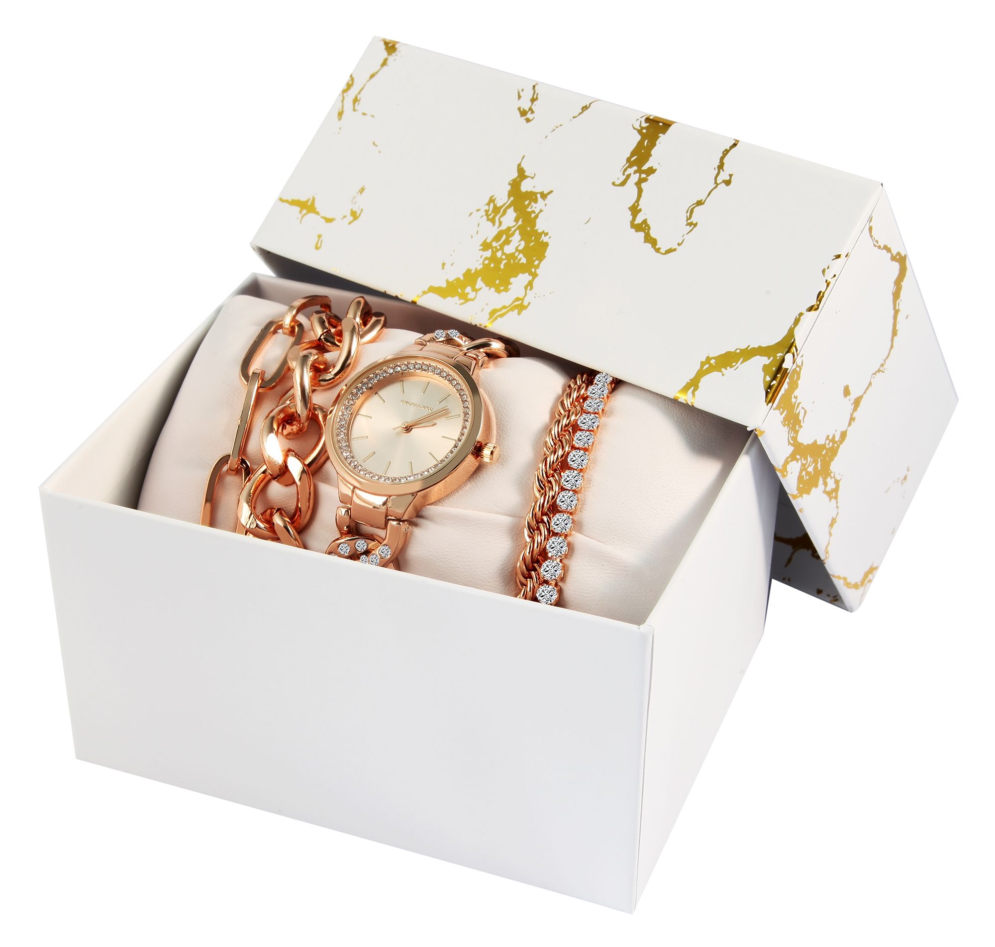 Excellanc Damengeschenkset mit Armbanduhr und vier Armbändern, roségoldfarben