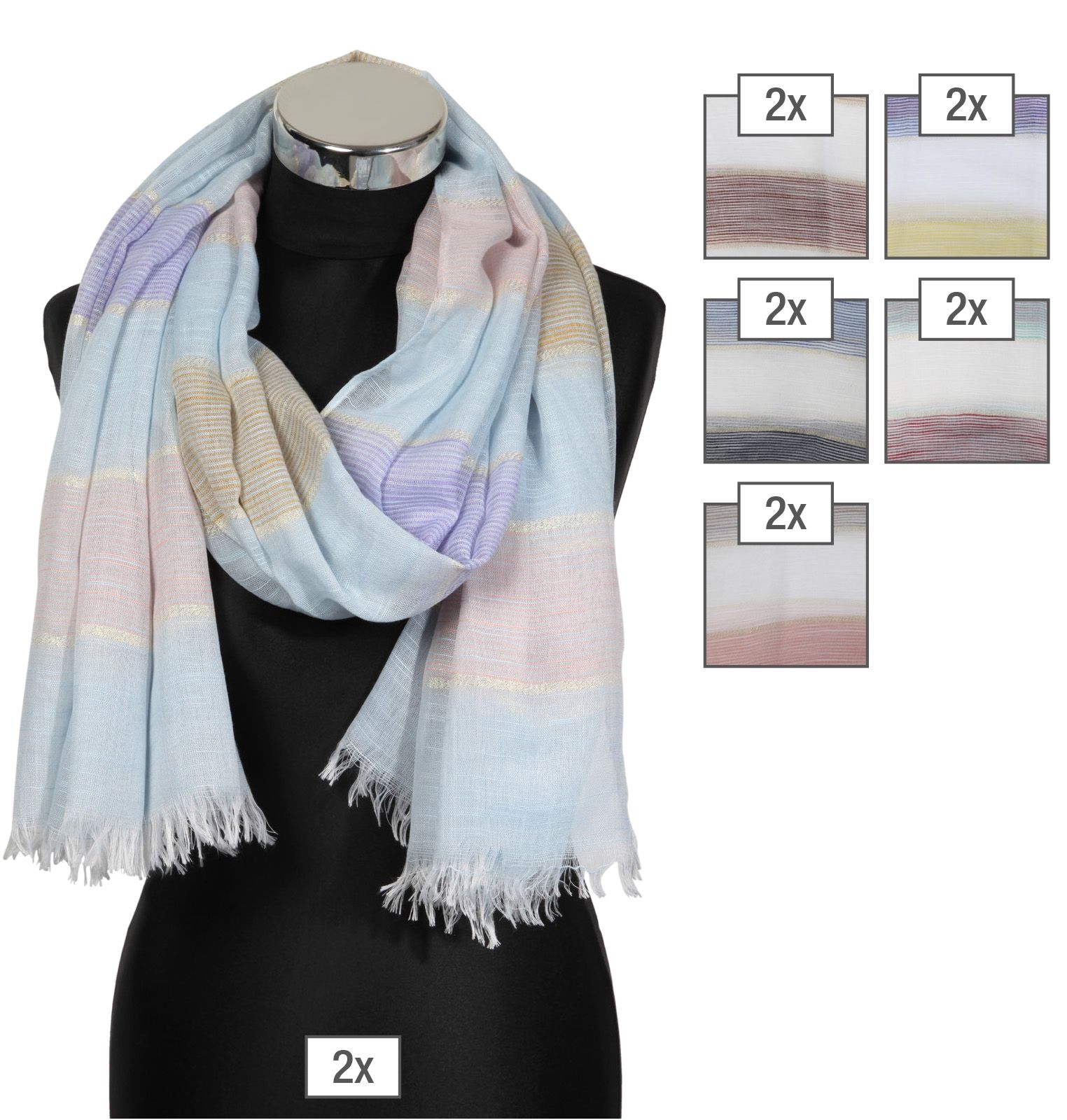 Schalpaket farblich sortiert, 100% Polyester, 85x180cm, VE 12,  jeder Schal verkaufsfertig mit Bügel ausgestattet