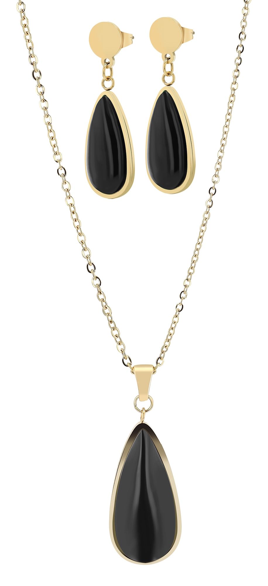 "Zaraïa" Akzent Edelstahl Schmuckset mit Katzenauge, Kette & Ohrhänger, goldfarben