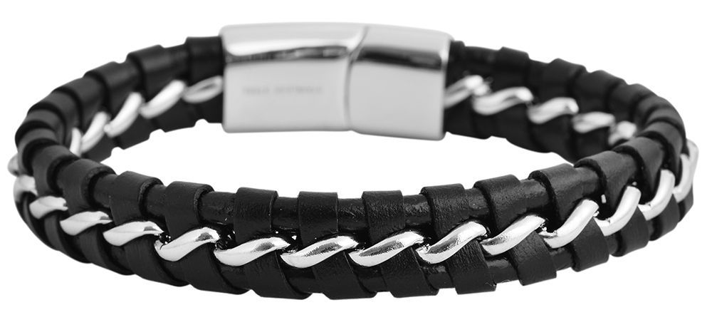 "Bosko" Echtlederarmband mit Edelstahlelementen, 21,5 cm, schwarz