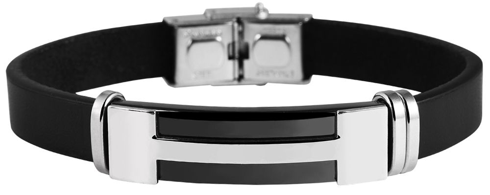"Saleh", Echlederarmband mit Edesltahlplatte, 22 cm, schwarz/silberfarben