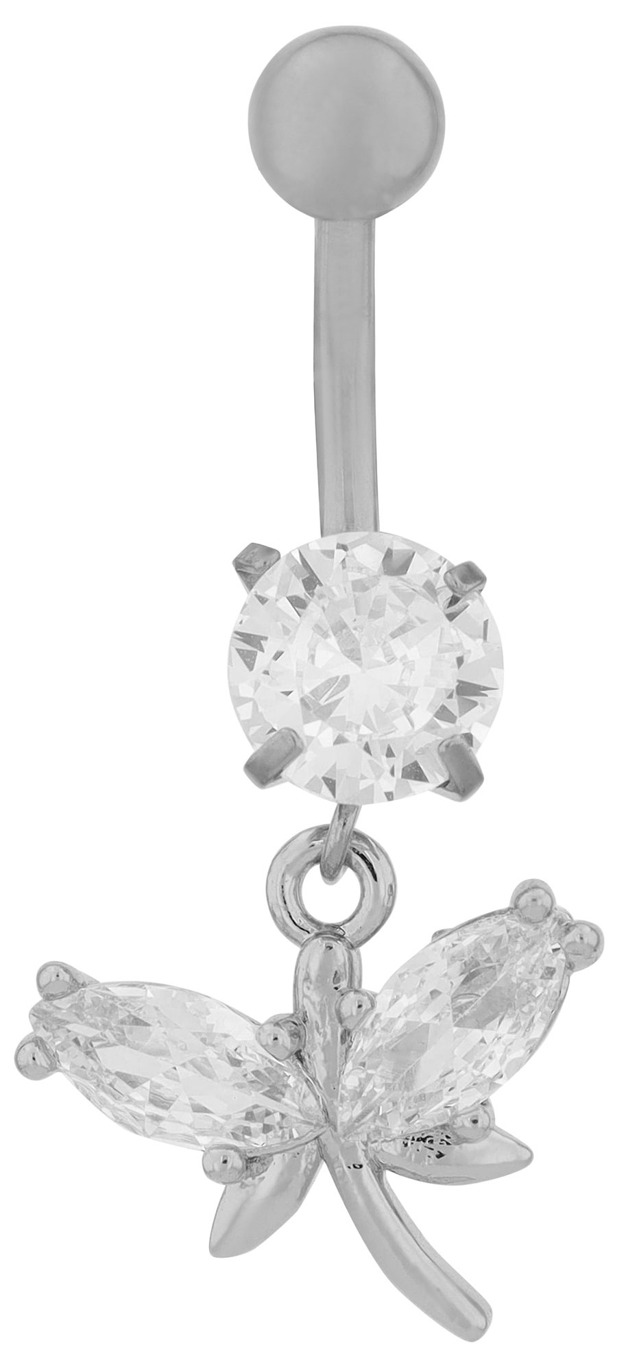"Svenja" Edelstahl-Bronze Bauchnabelpiercing, Stablänge 11 mm/ Stabstärke 2 mm, Libelle, Zirkonia, silberfarben
