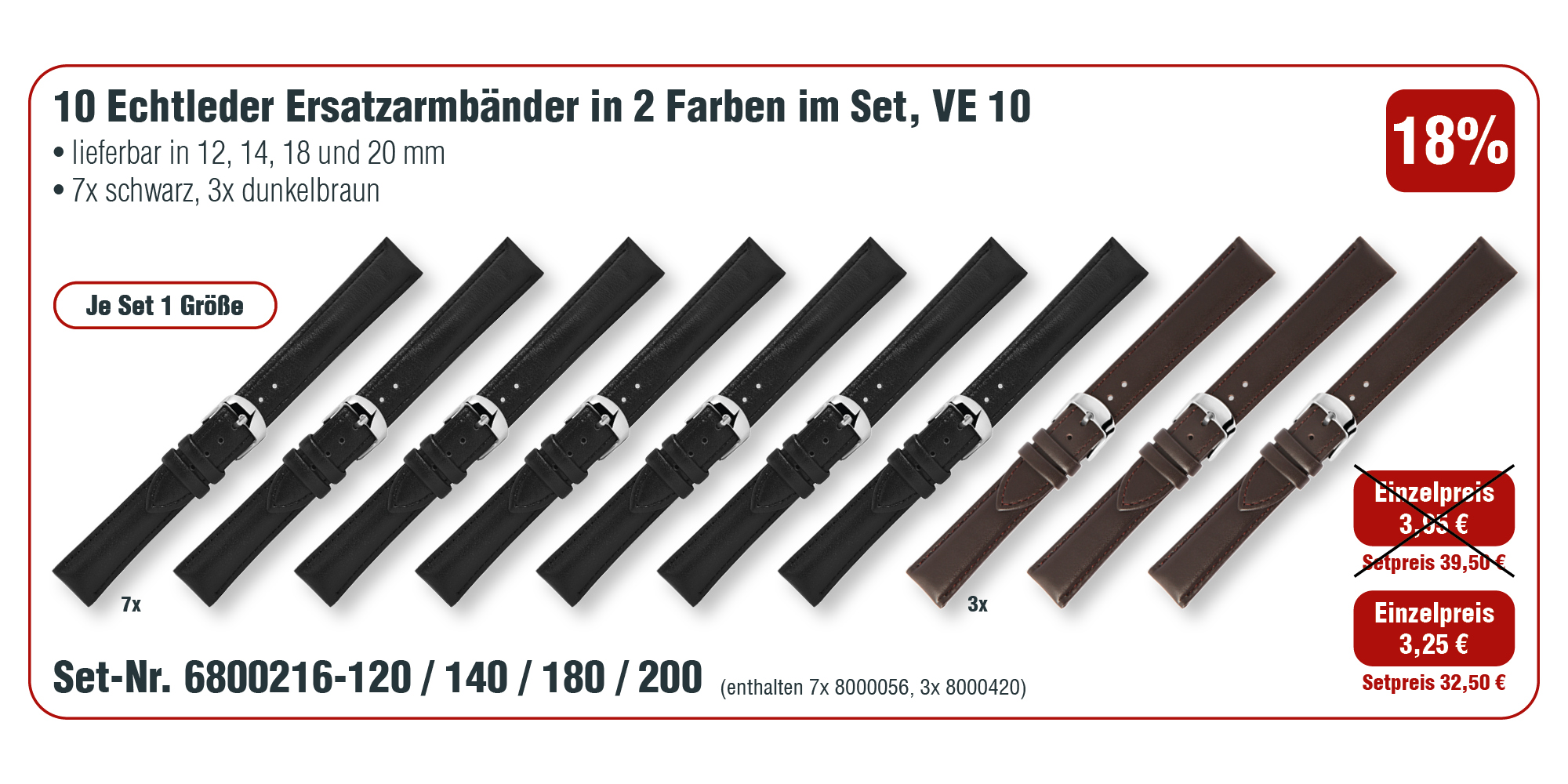 10  Echt Leder Ersatzuhrenarmbänder in 2 Farben im Set, VE 10