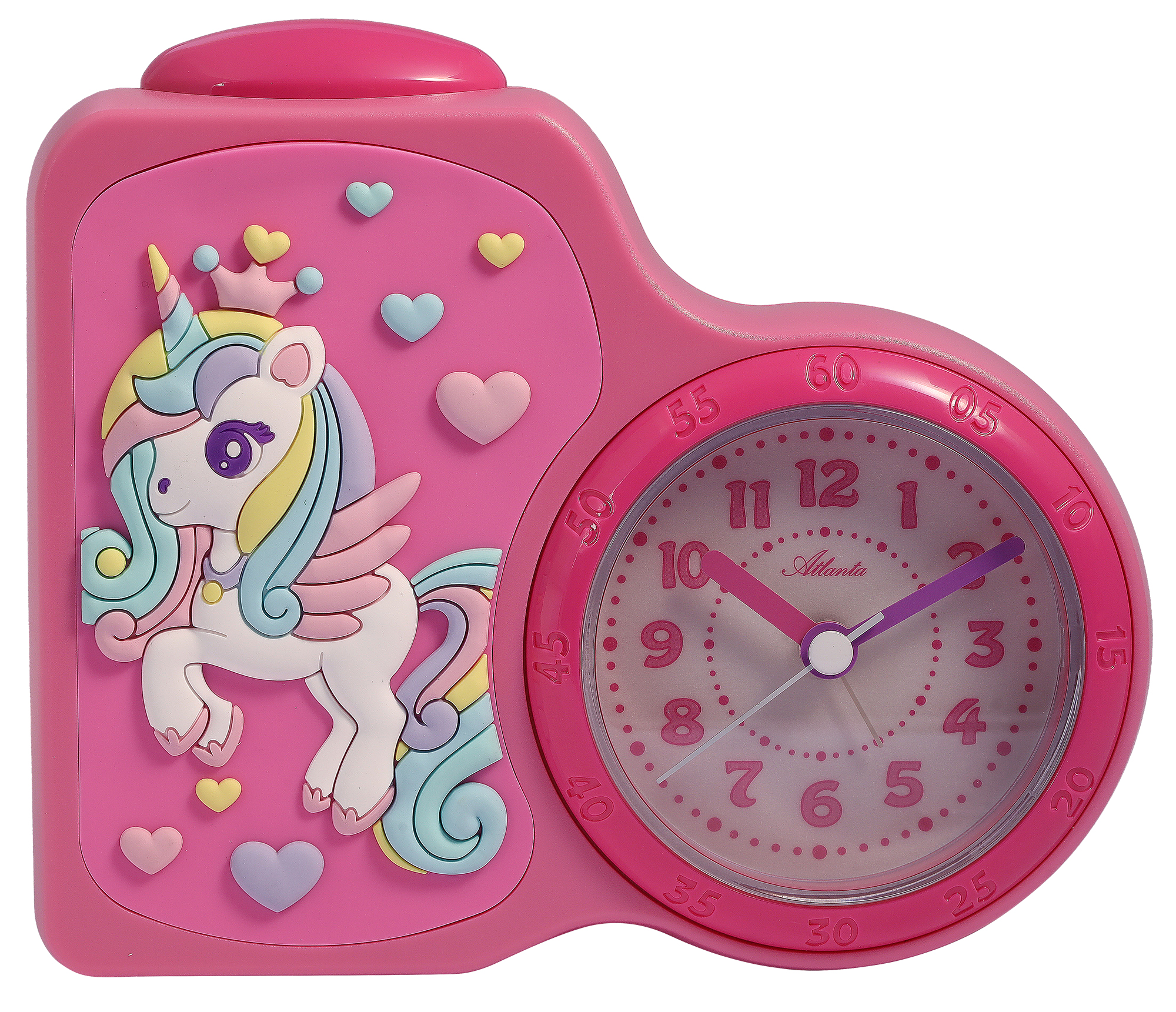 Atlanta Quarz-Wecker für Kinder (Leisegang/ Licht/ Snooze), 3D Rubber Patch pink/ Einhorn