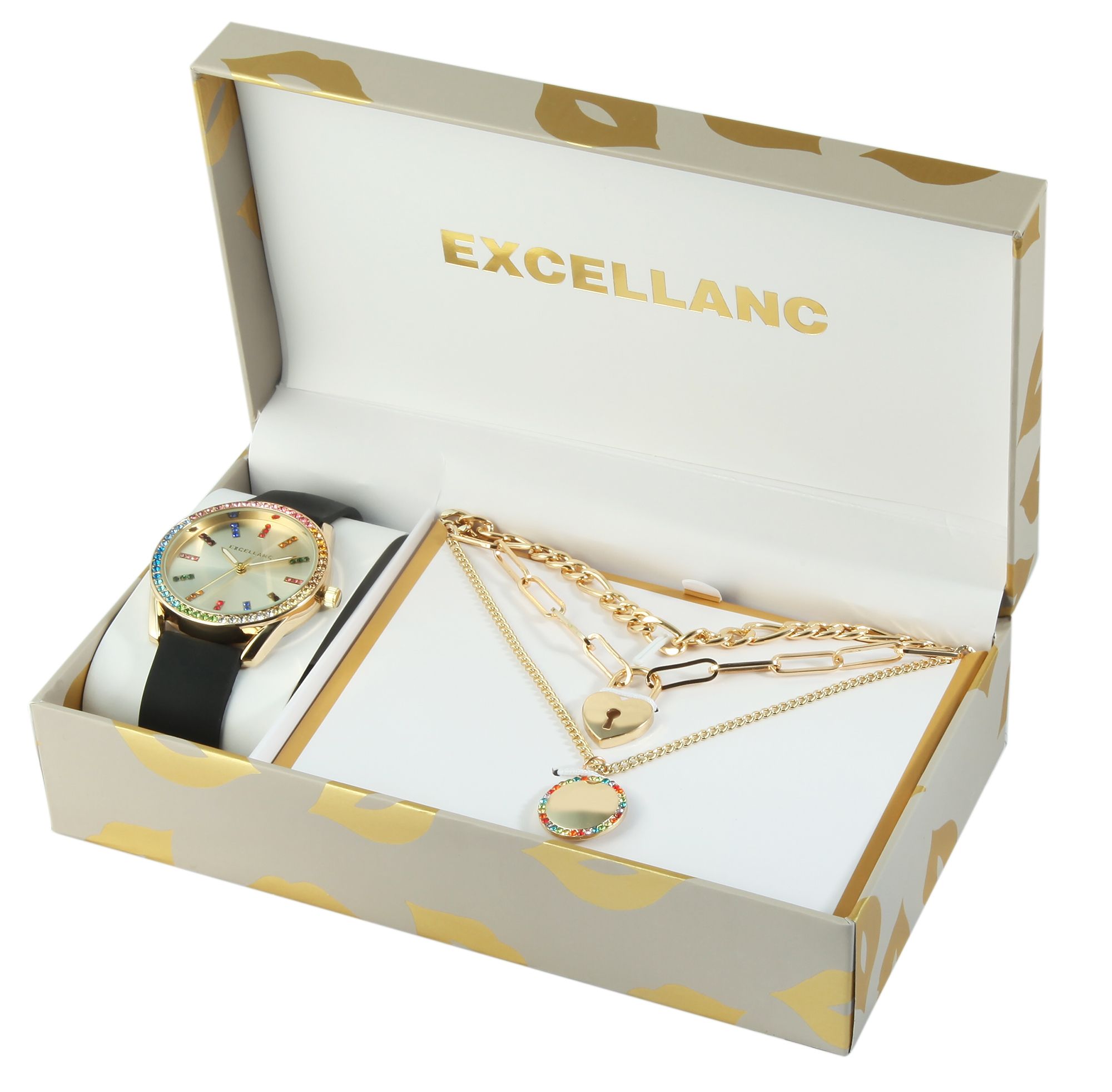 Excellanc Geschenkset mit Damenarmbanduhr und drei Ketten, bunter Similibesatz, goldfarben